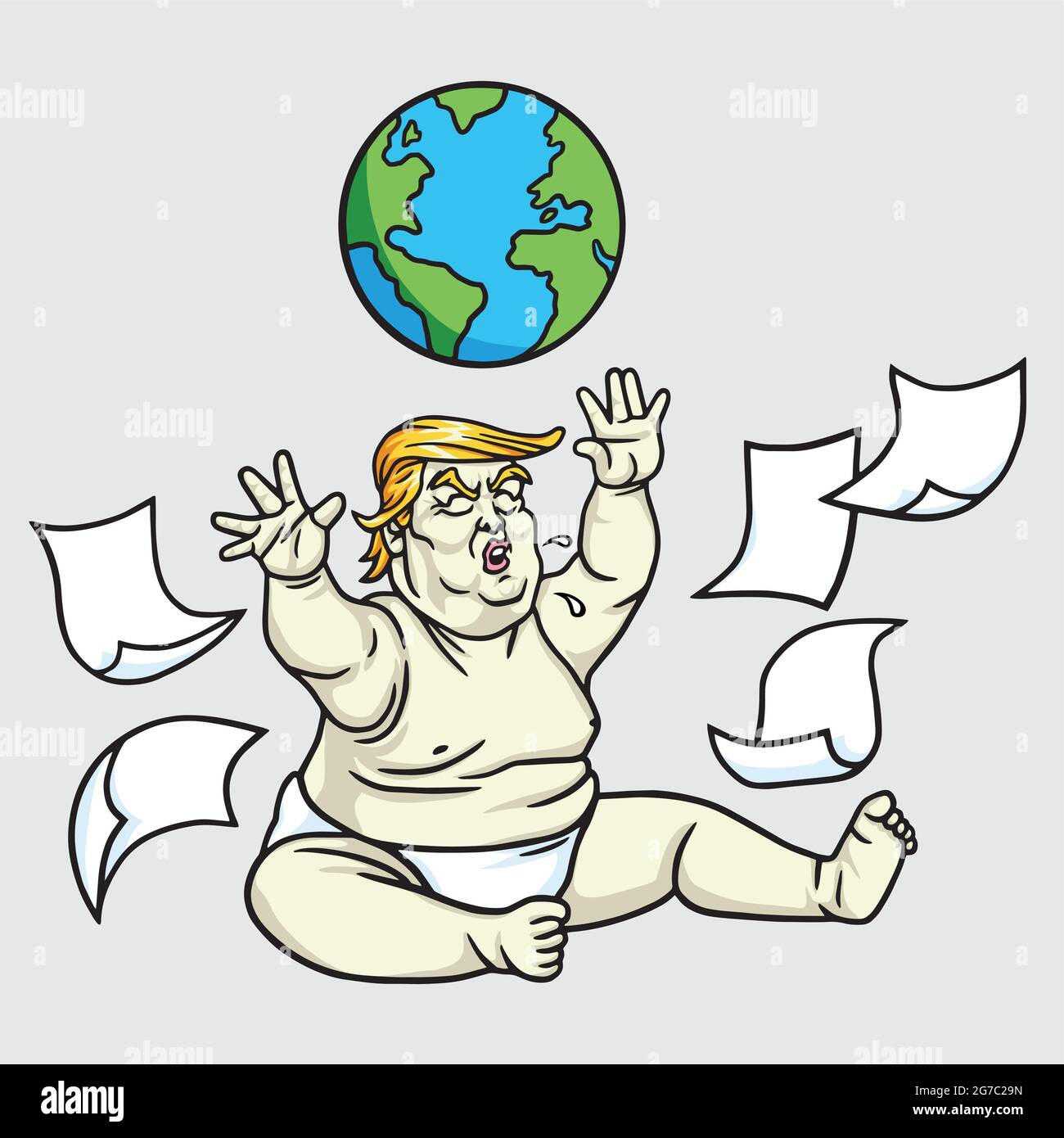 Donald Trump the Big Baby Playing Globe with Messy Papers Cartoon Illustration Stock Vector
