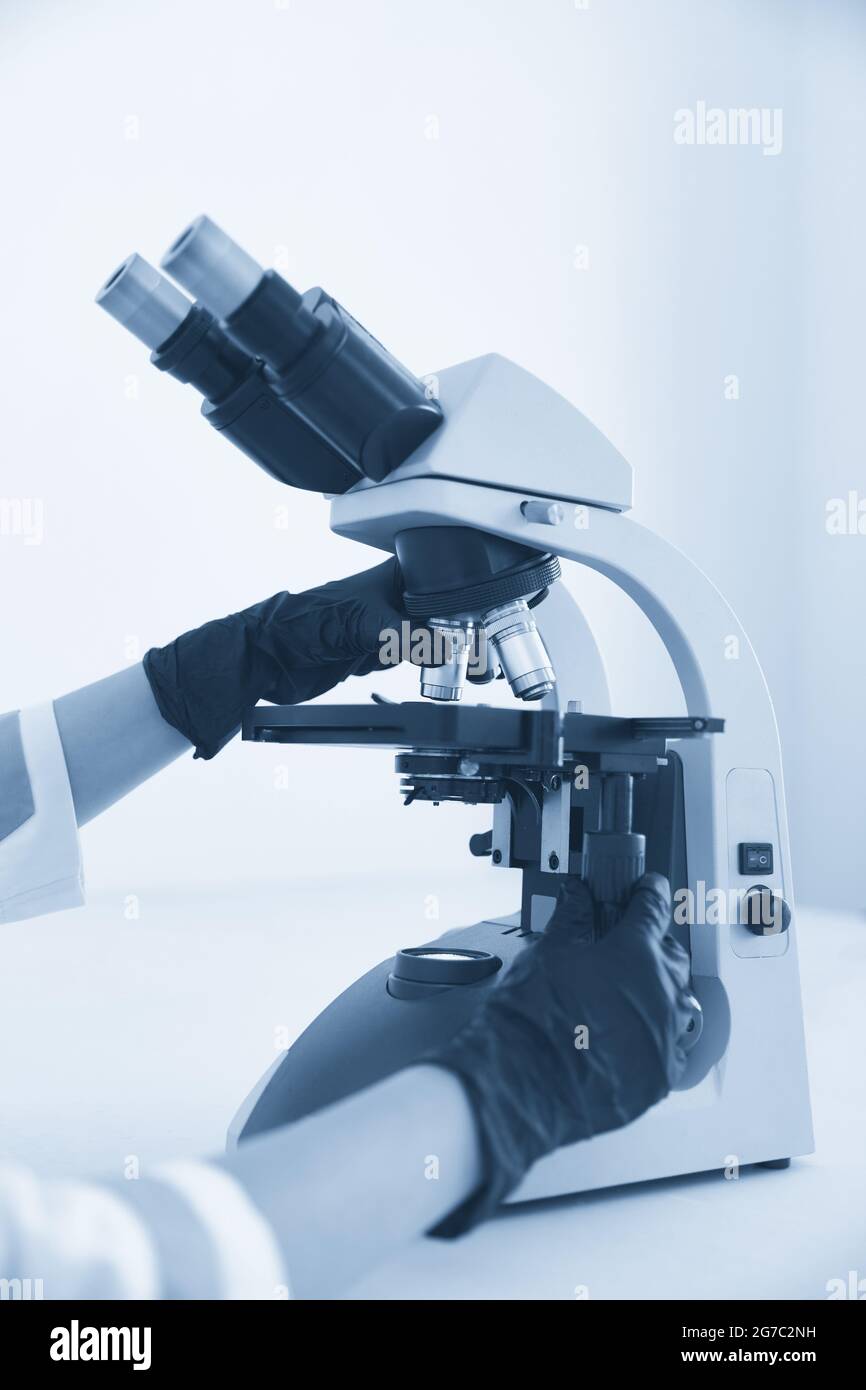 medical laboratory, scientist hands using microscope for chemistry ...