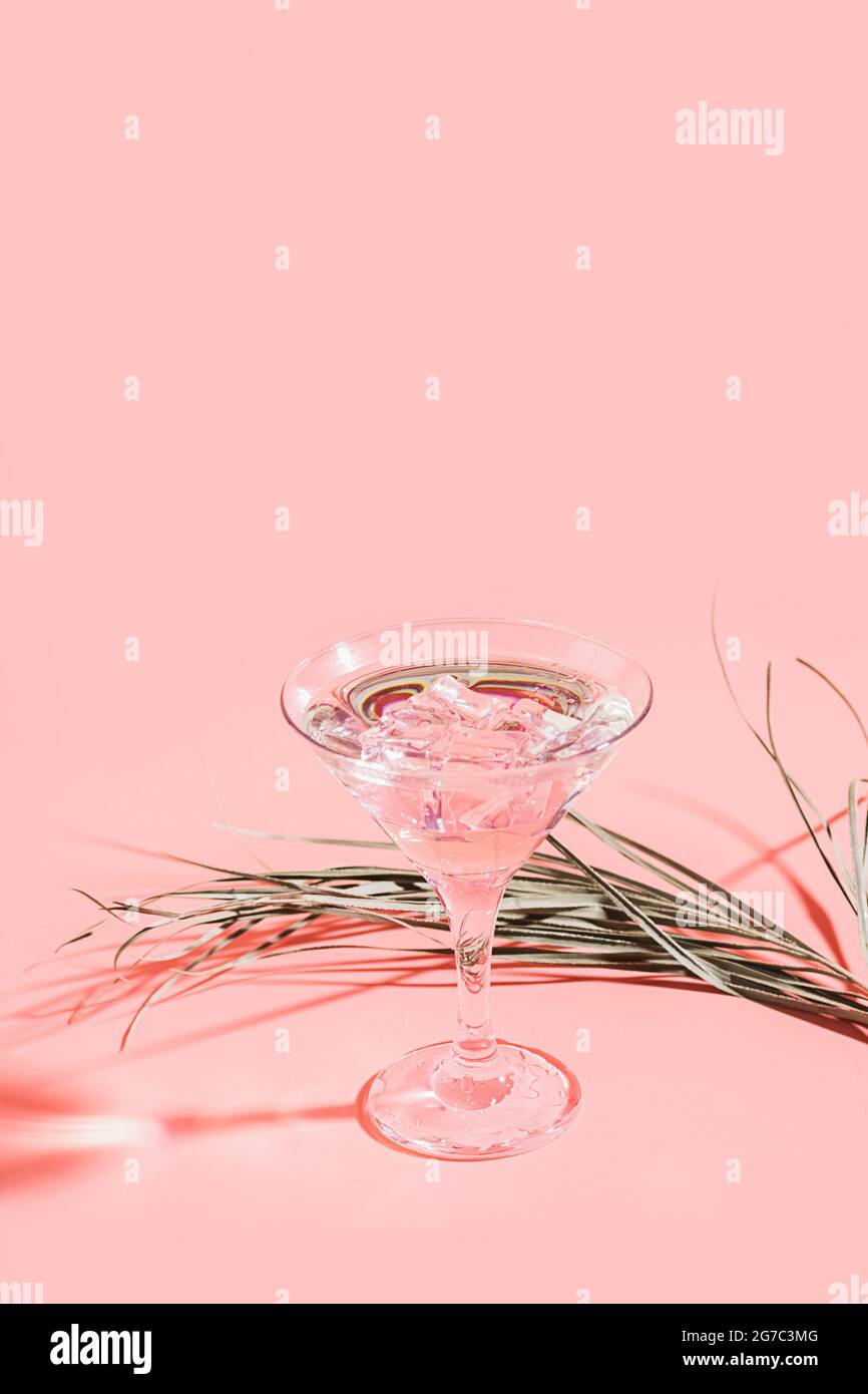 Martini with ice elegant glass against a pink background a branch palm plant. Fashionable bright direct flash light Stock Photo