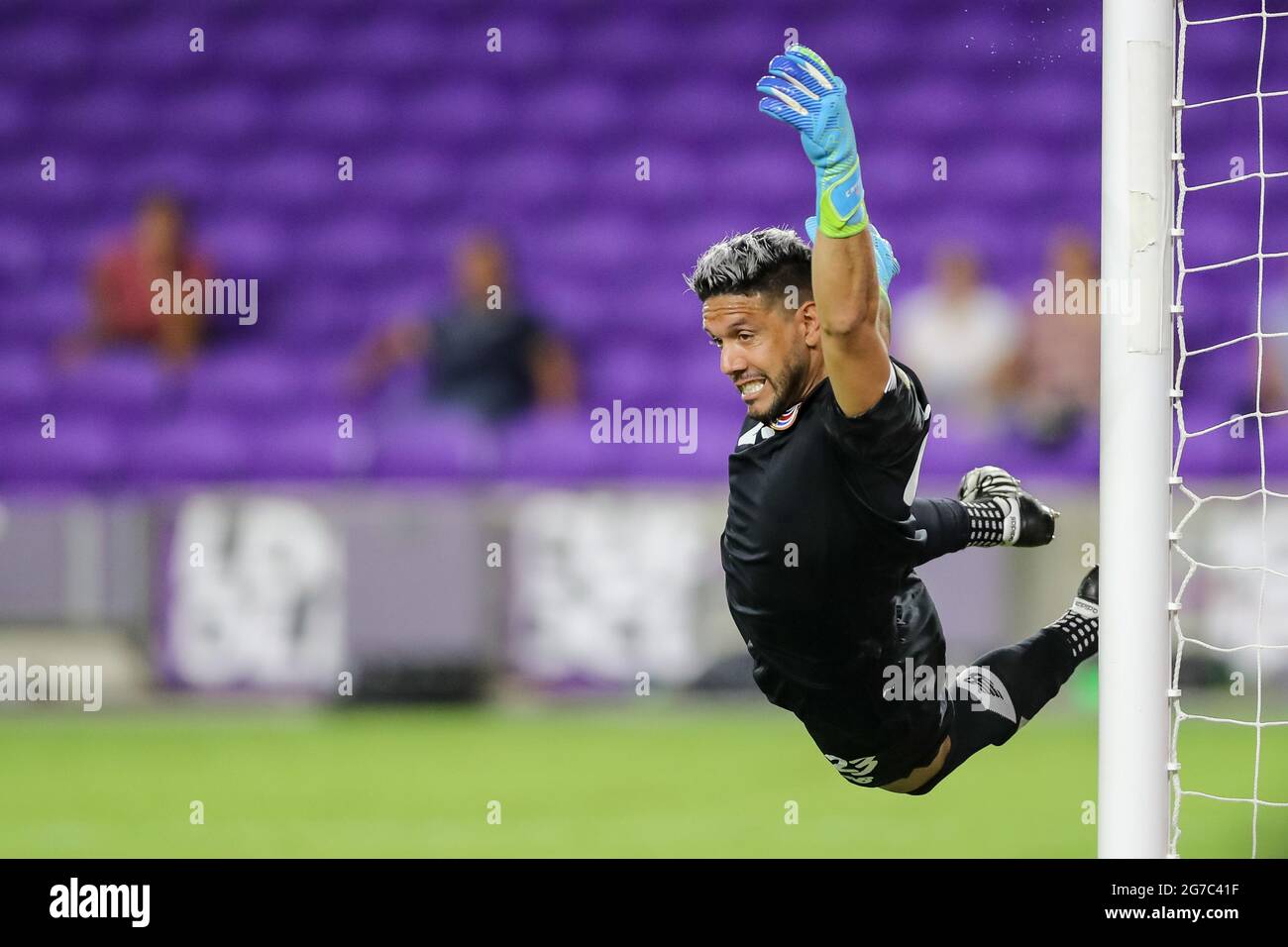 Orlando Florida Usa July 12 21 Guadeloupe Goalkeeper Frederic Tejou 1 Misses A Block During The 21 Concacaf Gold Cup Costa Rica Vs Guadeloupe Soccer Match At Exploria Stadium In Orlando Fl