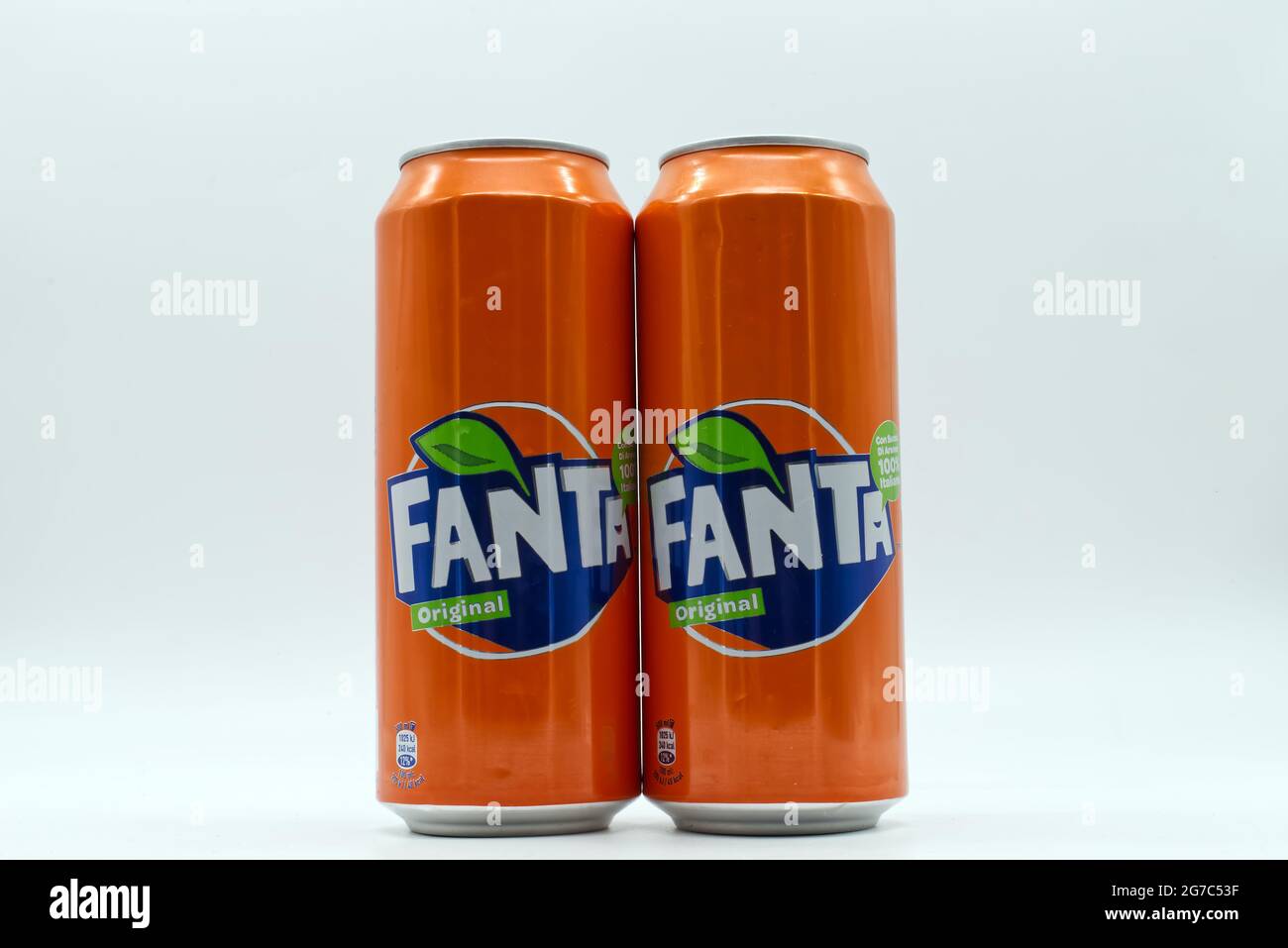 Bologna - Italy - July 12, 2021: Cans of Fanta soda isolated on white background Stock Photo