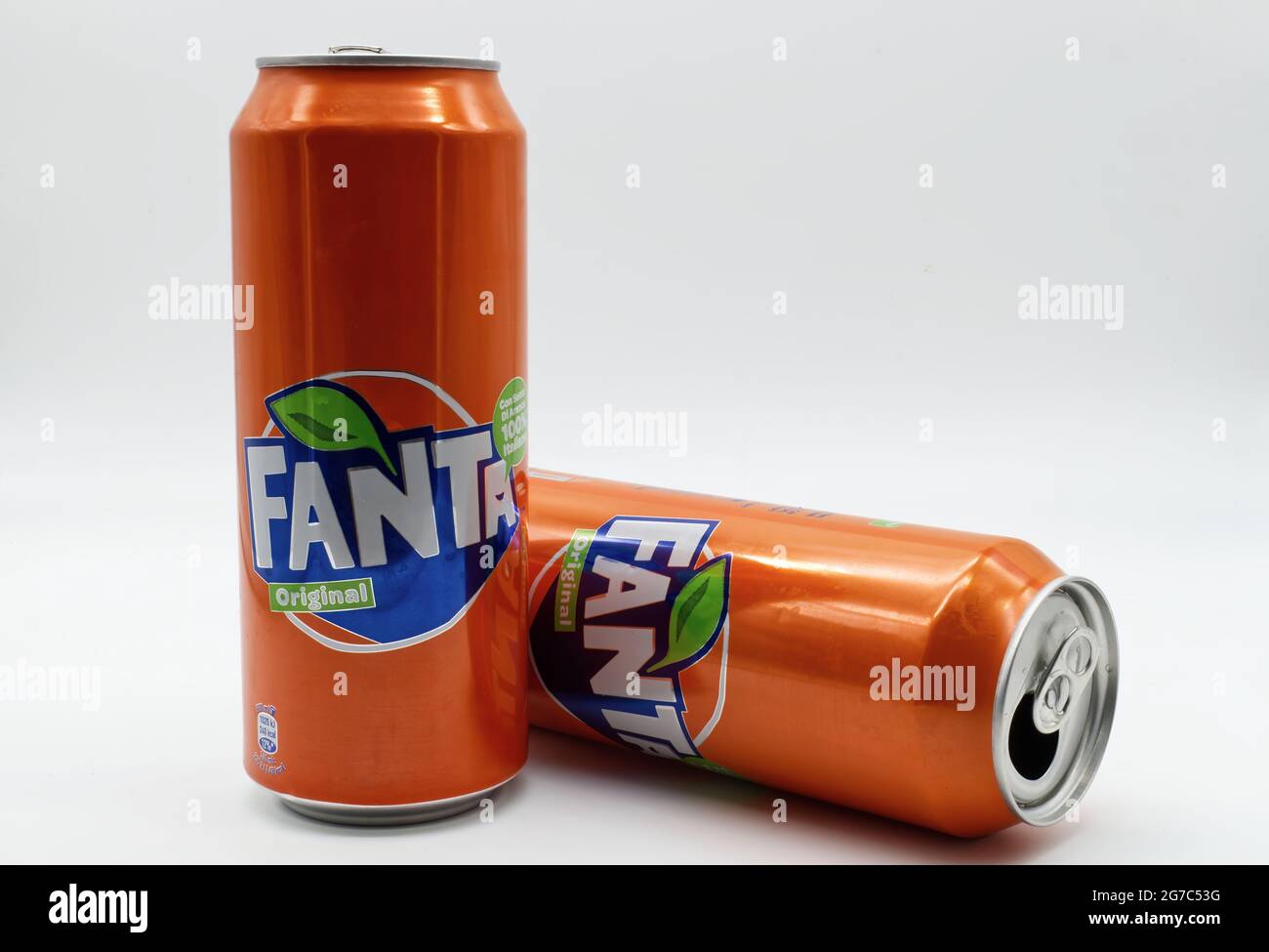 Bologna - Italy - July 12, 2021: Cans of Fanta soda isolated on white background Stock Photo