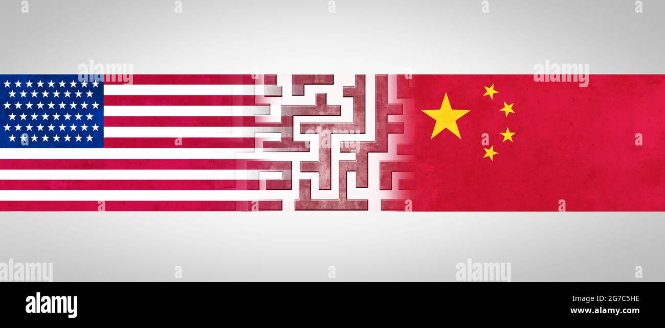 China US challenge and USA or United States trade and American tariffs conflict with two opposing trading partners as an economic import and exports. Stock Photo