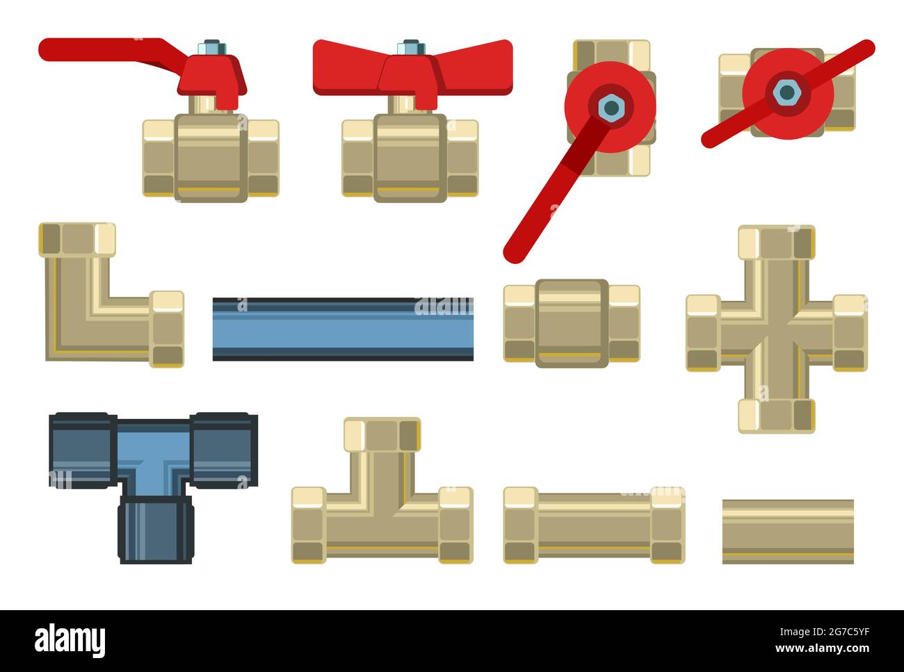 Set. Fittings, taps, bends and fittings. Copper and brass. Spare parts for pipelines, sewerage, gas pipelines and any liquids. Isolated on a white bac Stock Vector