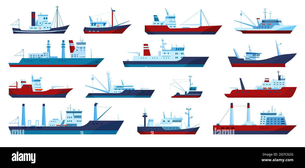 Fishing boats. Commercial fishing trawler yacht, fisherman ship, fisher boat. Flat marine fish catching vessels, sea transportation vector set. Logistic isolated transport with equipment Stock Vector