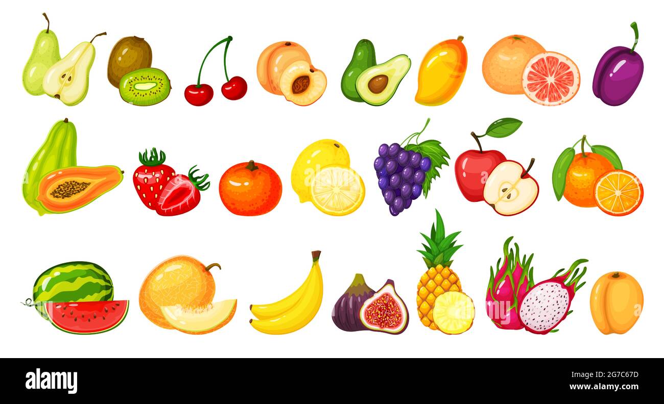 Cartoon fruit slices. Kiwi dragon fruit, pomegranate peach, apple, grape  mango, lemon watermelon orange. Ripe juicy fruits vector set. Juicy  tropical or exotic food with vitamins Stock Vector Image & Art -
