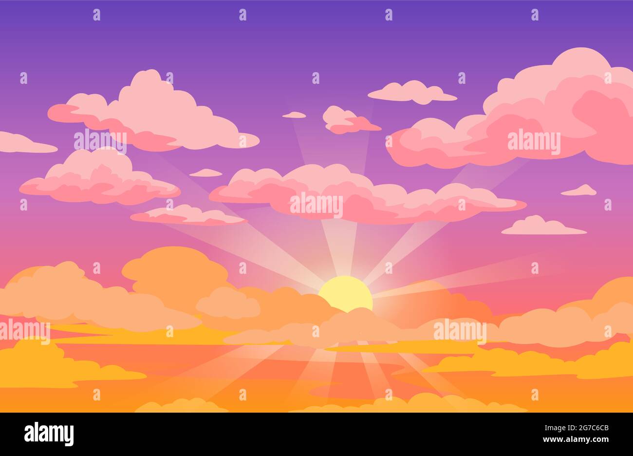 Sunset sky with clouds. Beautiful purple to yellow sky anime background  with sunrays and pink fluffy clouds. Cartoon vector illustration. Sunrise  morning cloudscape or outdoor twilight Stock Vector Image & Art -