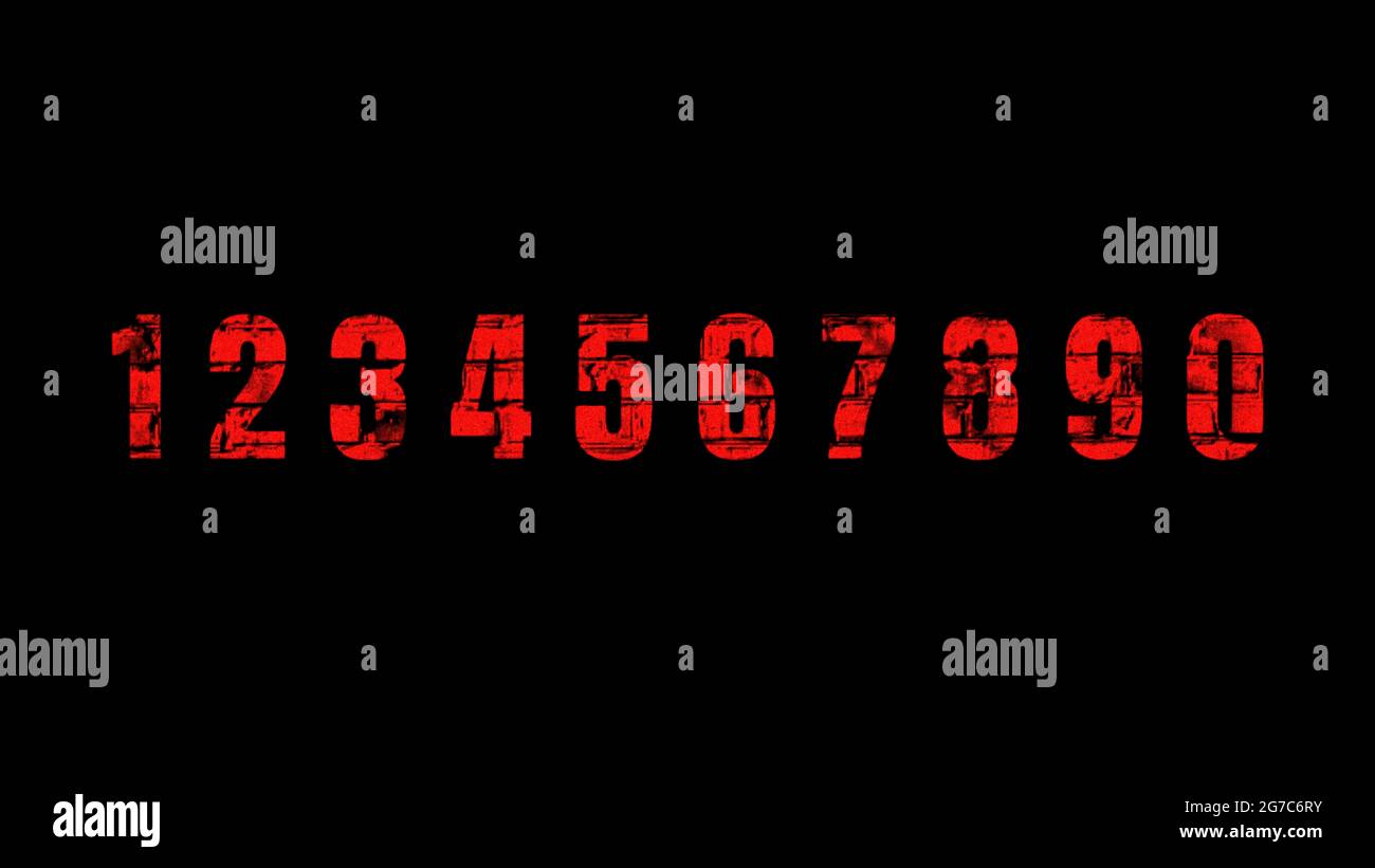 Illustration of red numbers from 0 to 9 with brick texture on a black