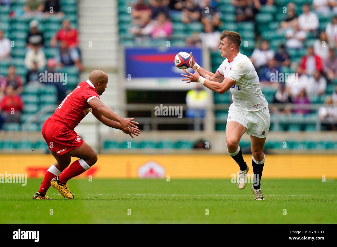 England fullback Freddie Steward reeves a pass during the England -V- Rugby Canada match on Saturday, July 10, 2021, at Twickenham Stadium, Middlesex, Stock Photo