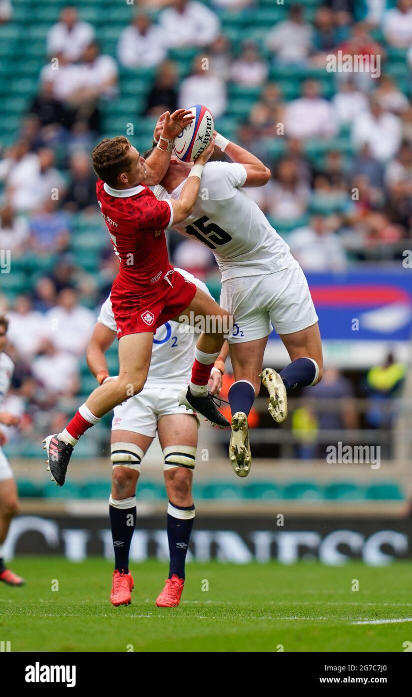 Rugby Canada full back Cooper Coats competes for a high ball with