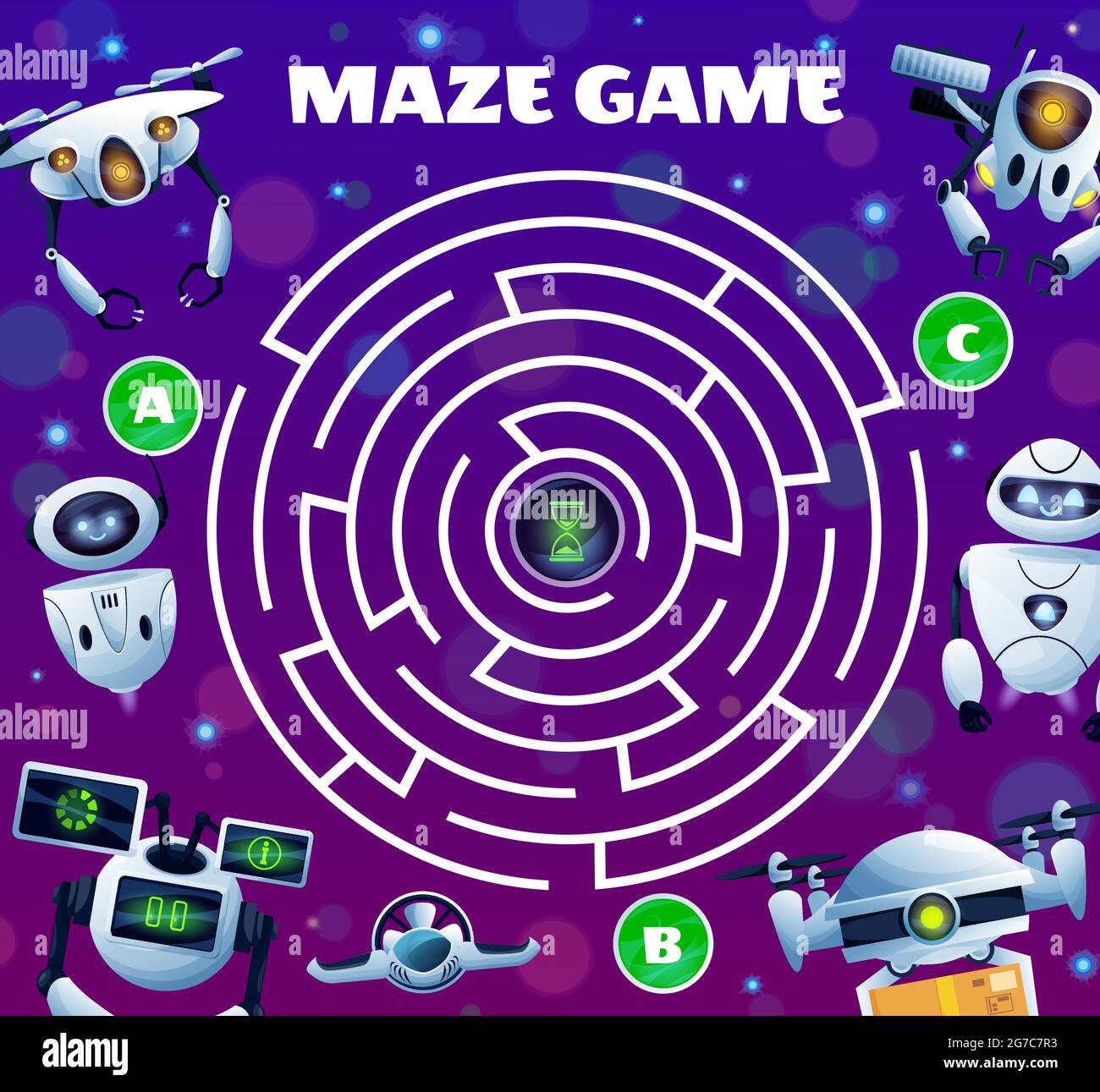 Robots labyrinth maze game, vector kid boardgame with ai robots, cyborgs and androids. Worksheet riddle with round field, tangled path and three entri Stock Vector