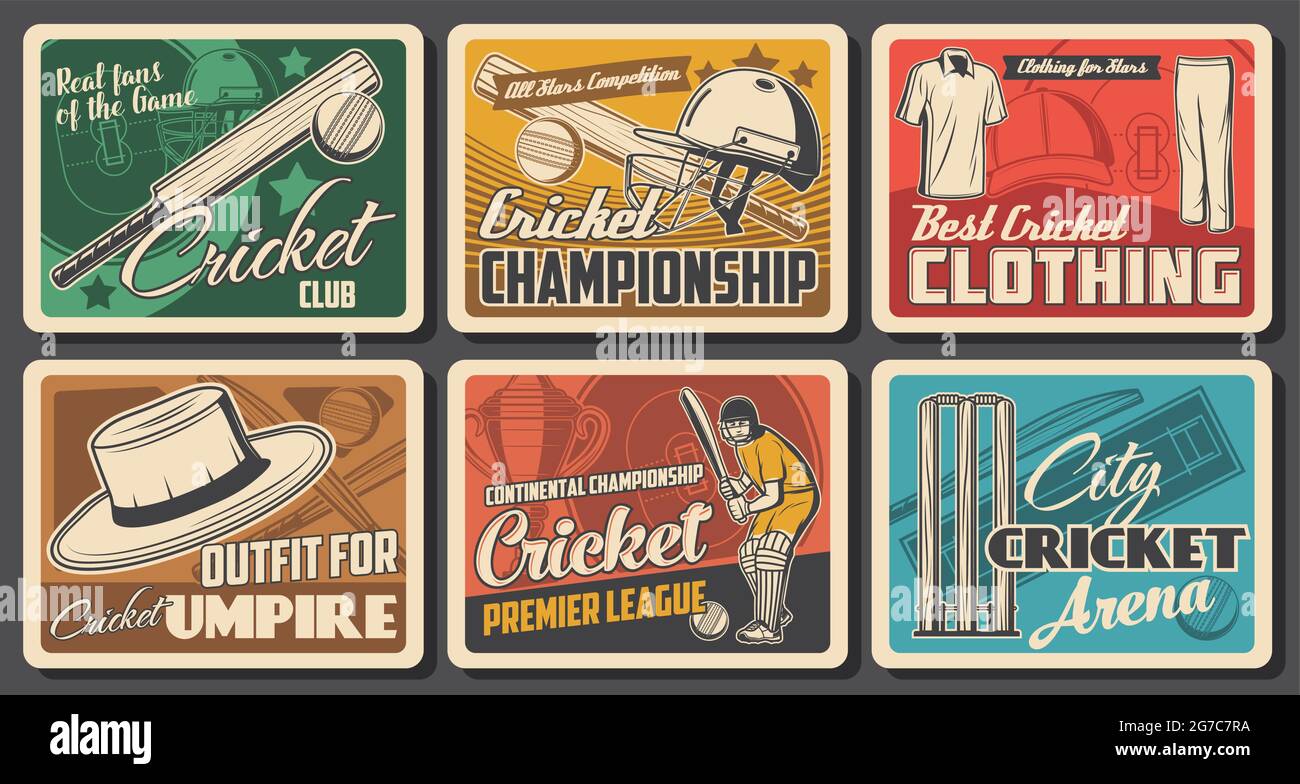 Cricket vintage posters with vector cricket sport game balls, bats, wickets and team player on playfield. Batsman in uniform, gloves, helmets and leg Stock Vector