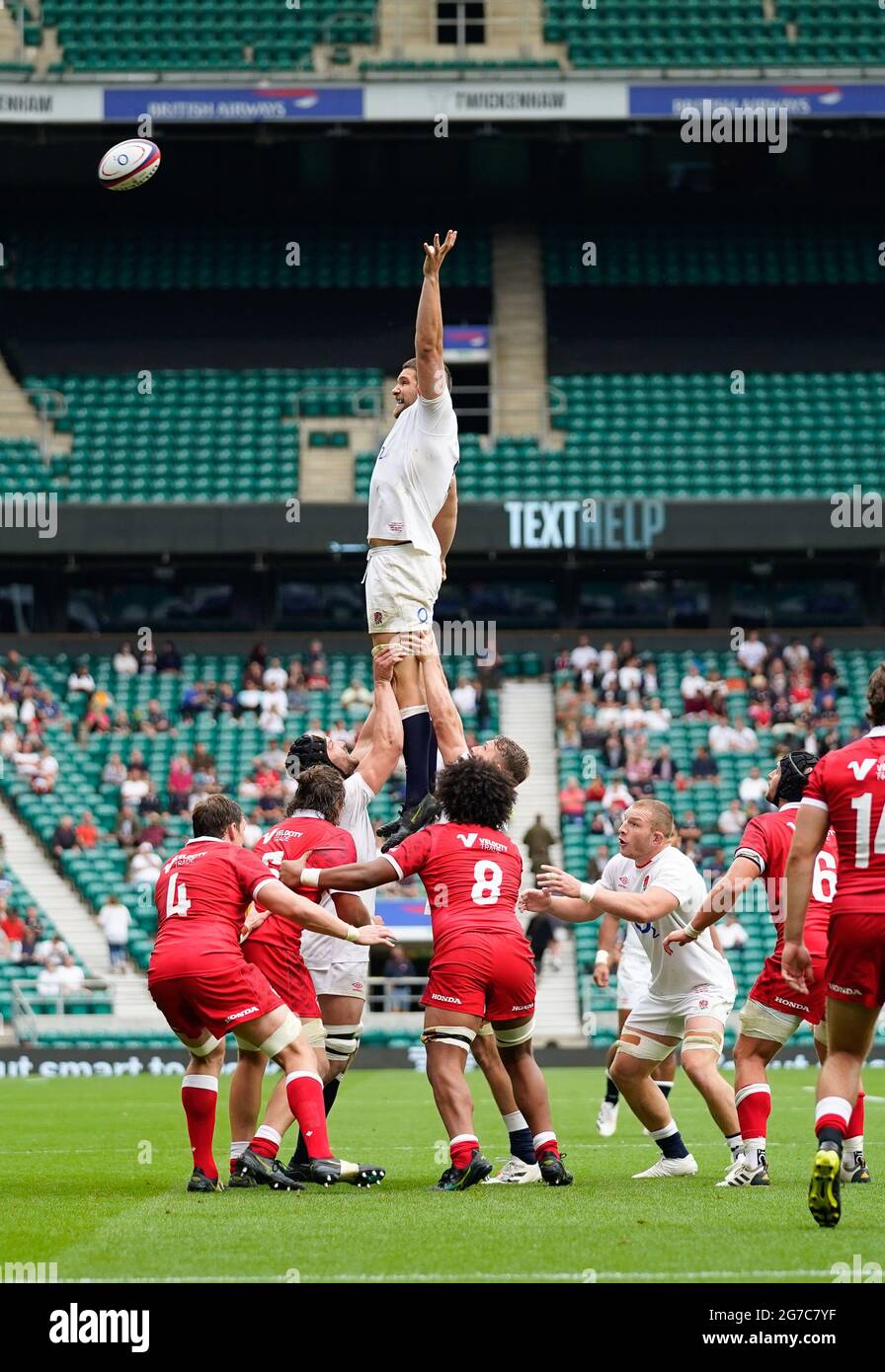 England lock Charlie Ewelsjumps for a line-out during the England -V- Rugby Canada match on Saturday, July 10, 2021, at Twickenham Stadium, Middlesex, Stock Photo