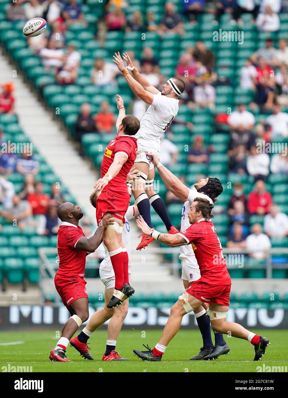 England flanker Lewis Ludlow collects a line-out during the England -V- Rugby Canada match on Saturday, July 10, 2021, at Twickenham Stadium, Middlese Stock Photo