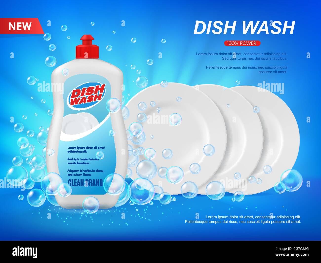 Detergent dishware cleaner with plates and bubbles. Dish wash vector ad