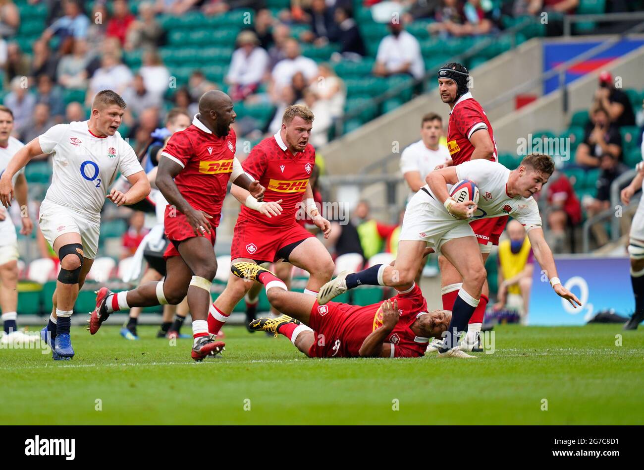 England fullback Freddie Steward makes a break during the England -V- Rugby Canada match on Saturday, July 10, 2021, at Twickenham Stadium, Middlesex, Stock Photo