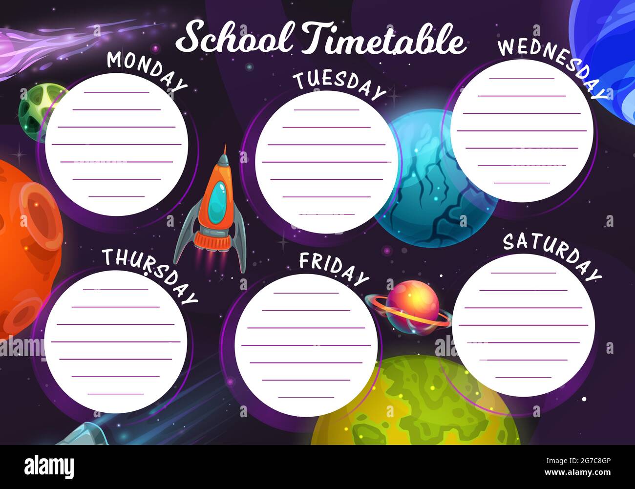 Timetable Schedule With Galaxy And Spaceship Vector Education School Weekly Planner With Cartoon Fantasy Planets And Ufo In Starry Sky Kids Time Tab Stock Vector Image Art Alamy