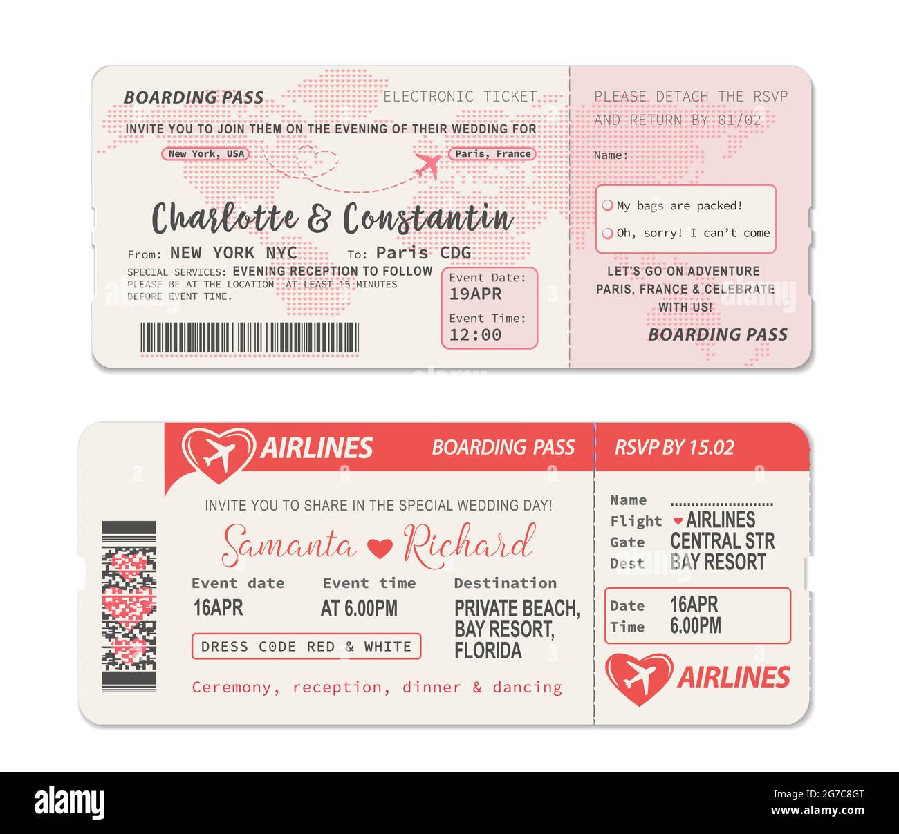 Boarding pass ticket. Wedding invitation template with airplane drawing