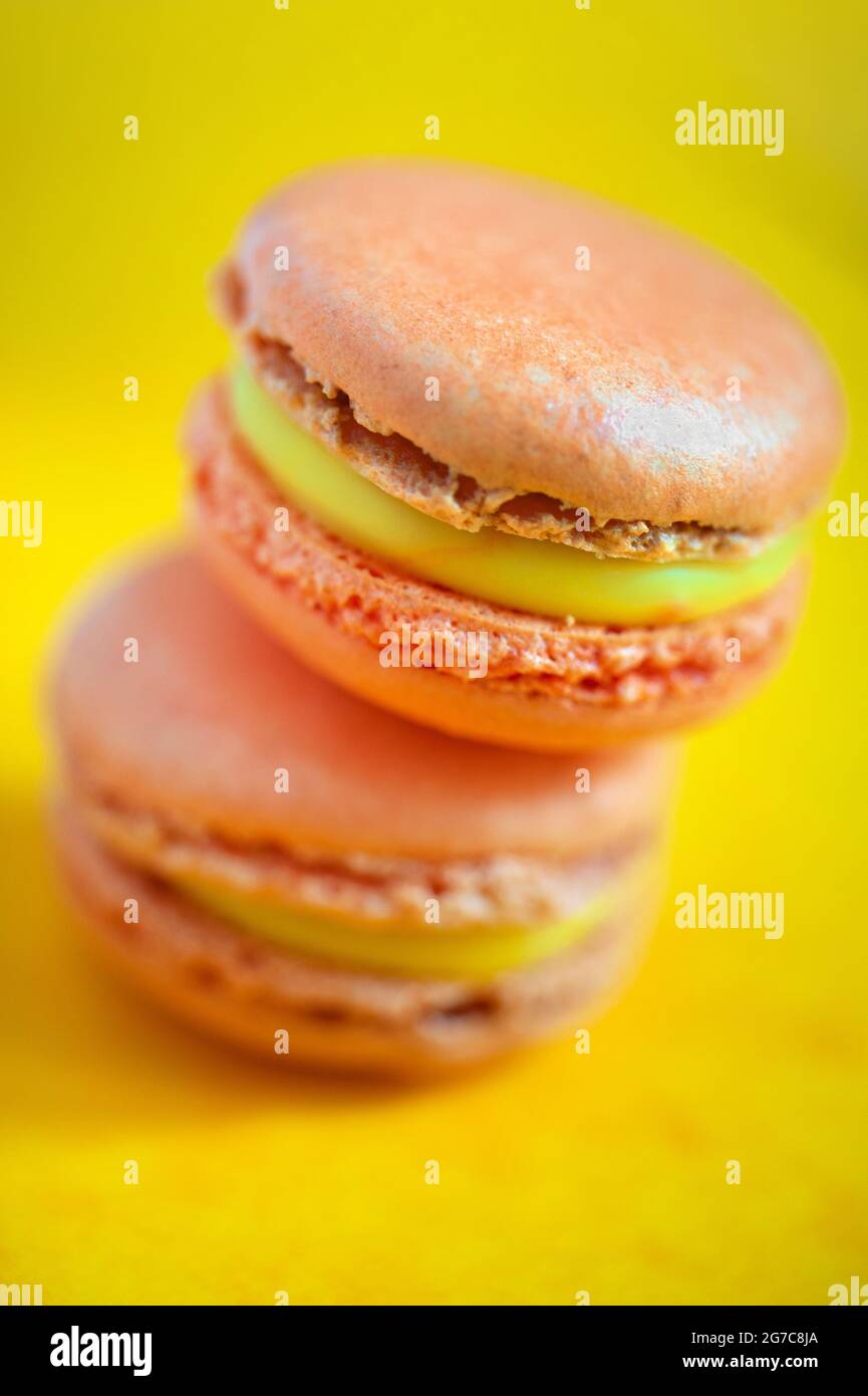 Saffron flavoured macarons on a yellow background. Made by Les Macarons de  PIM! Stock Photo - Alamy