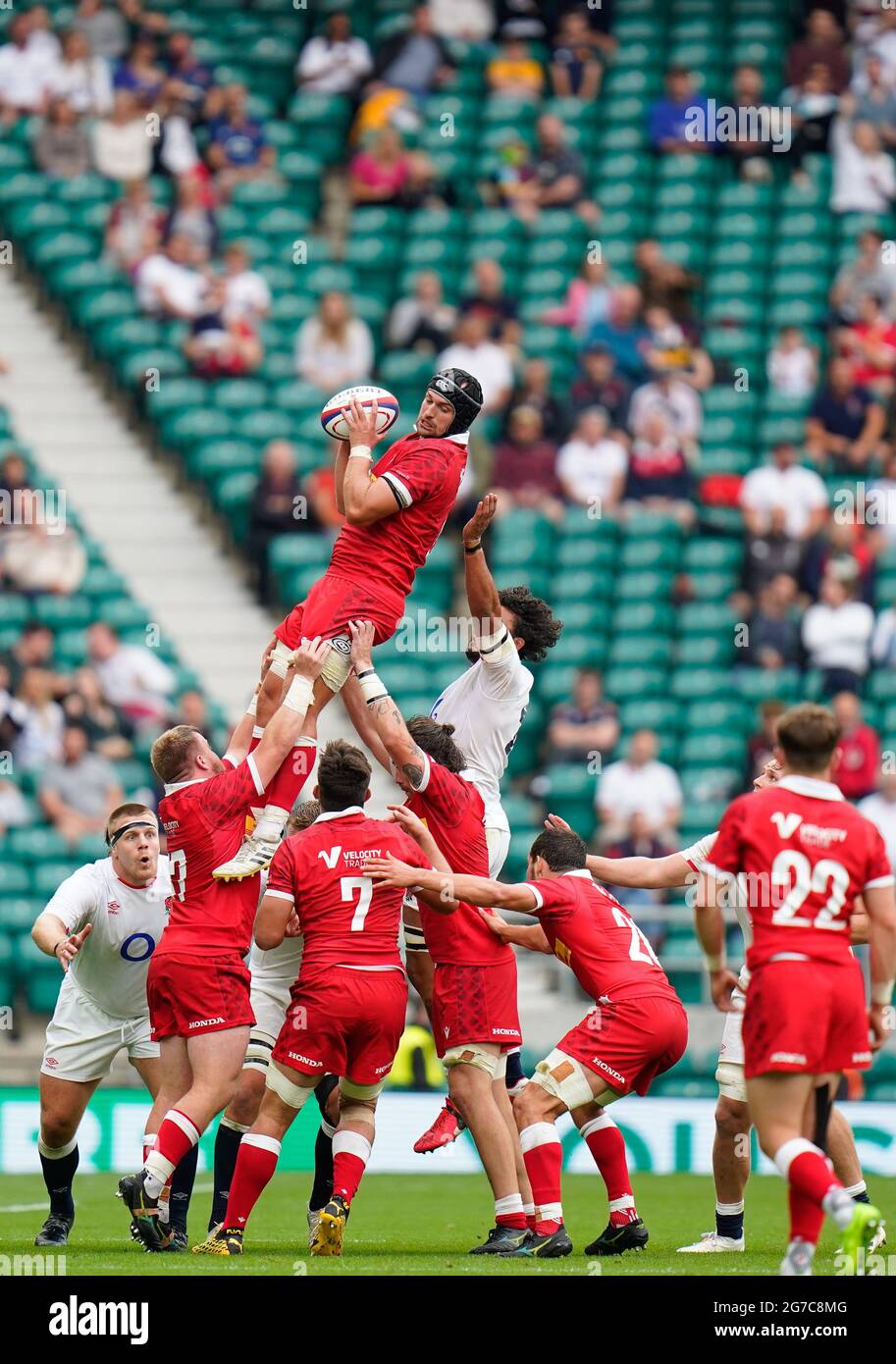 Rugby Canada flanker Corey Thomas catches a line-out during the England -V- Rugby Canada match on Saturday, July 10, 2021, at Twickenham Stadium, Midd Stock Photo
