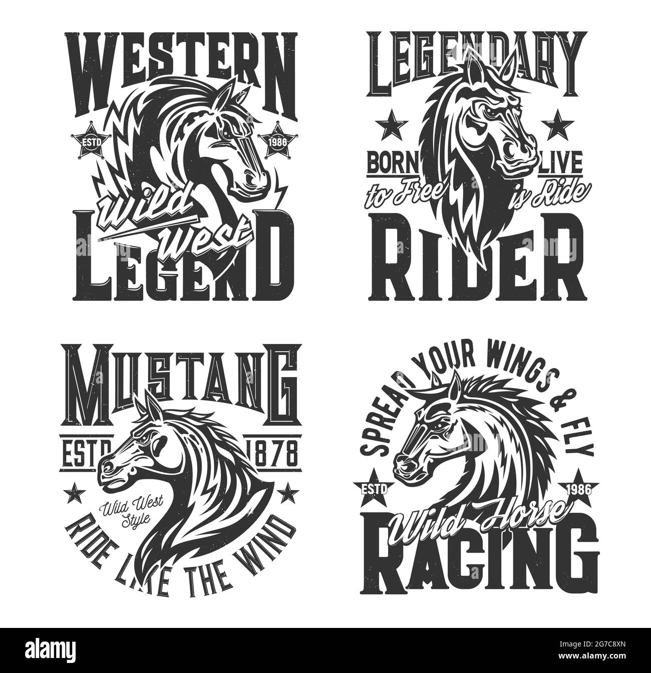 Horse racing t shirt prints, equestrian rides and rodeo club vector icons. Wild mustang stallion heraldic head emblem for equine hippodrome races and Stock Vector