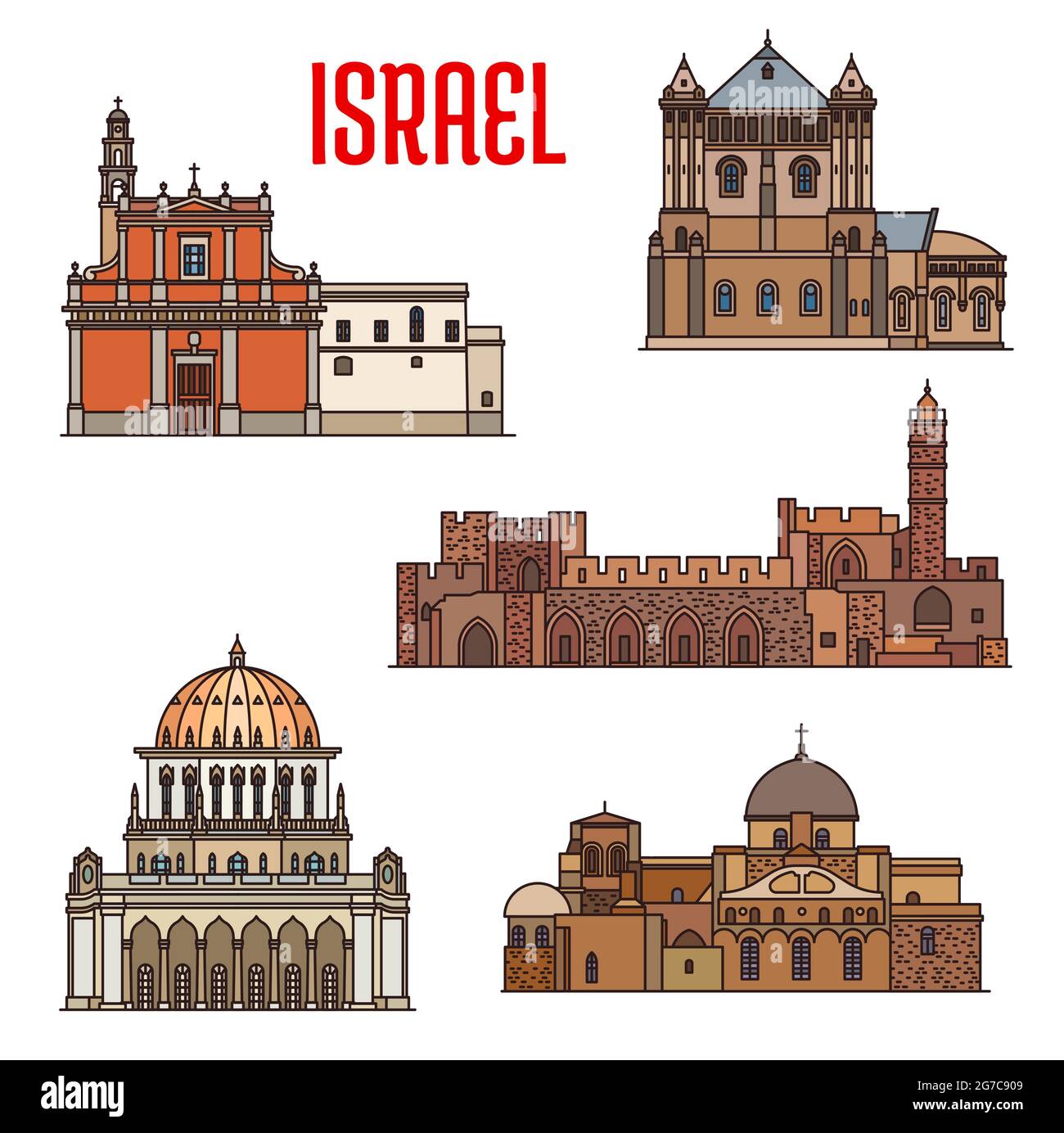 Israel landmarks architecture, travel sightseeing of Jaffa and Haifa, vector. Israeli Jewish and Islamic landmarks Holy Sepulchre Church, Bahai temple Stock Vector