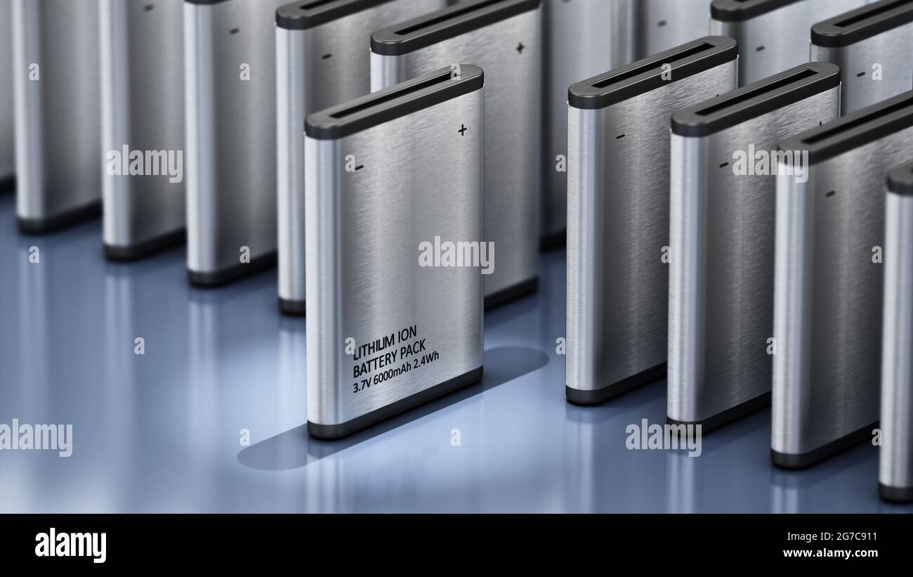 Lithium Ion battery stands out among others. 3D illustration. Stock Photo