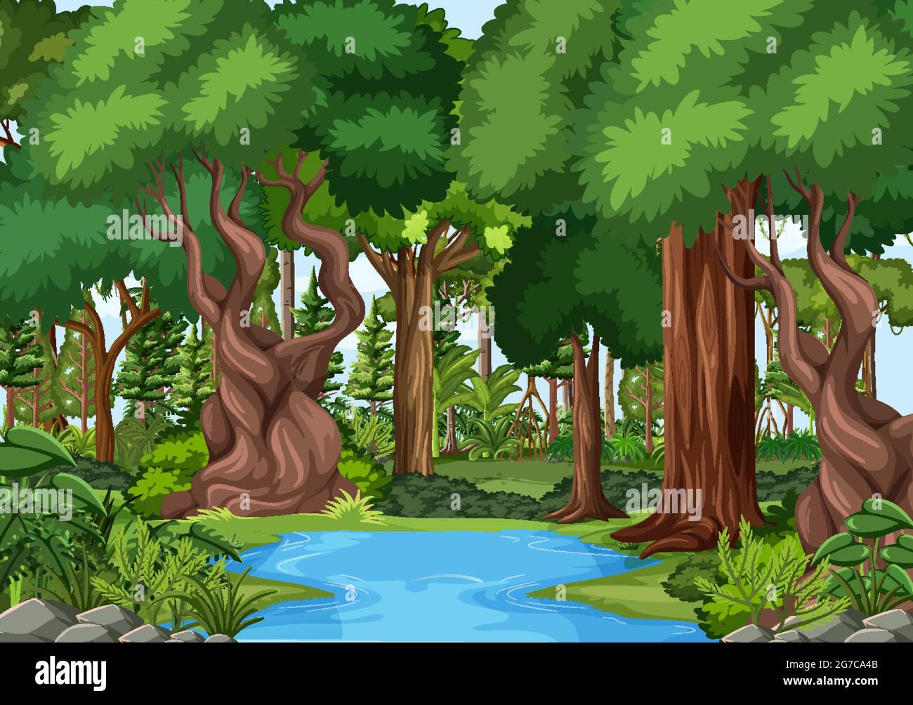 Forest scene with pond and many trees illustration Stock Vector Image ...