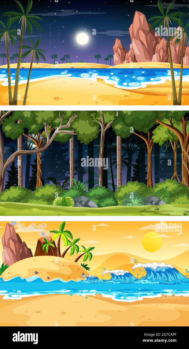 Three different nature horizontal scenes illustration Stock Vector