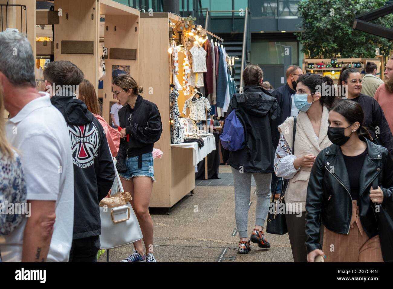 London- July, 2021: Food stalls inside Spitalfields Market.  A popular market with food, bars, arts and crafts Stock Photo