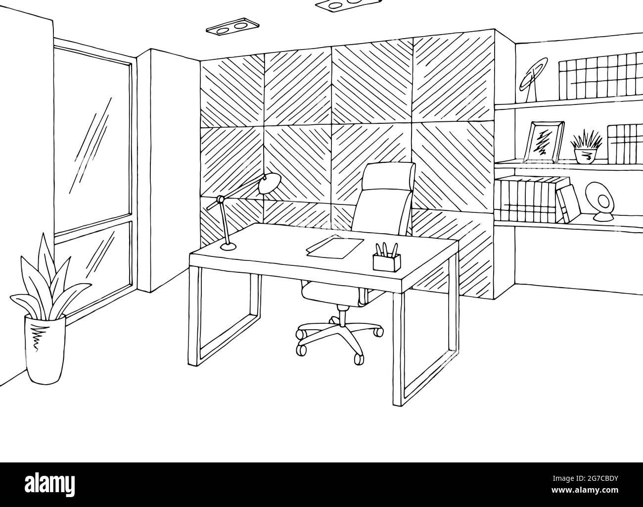 Office room graphic black white interior sketch illustration vector