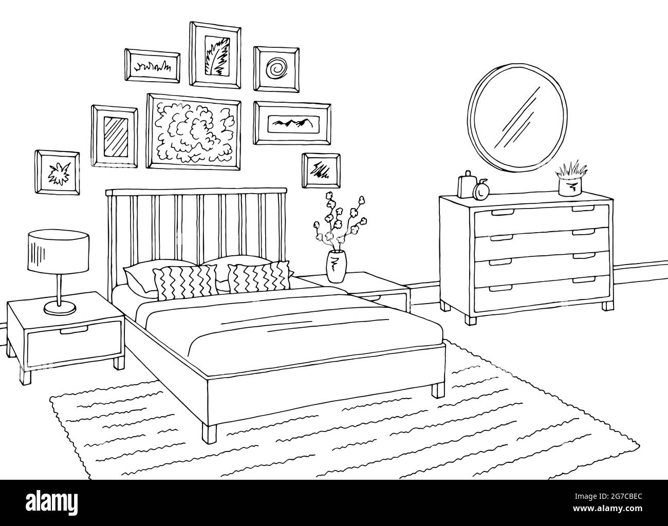 Bedroom graphic black white home interior sketch illustration vector Stock Vector