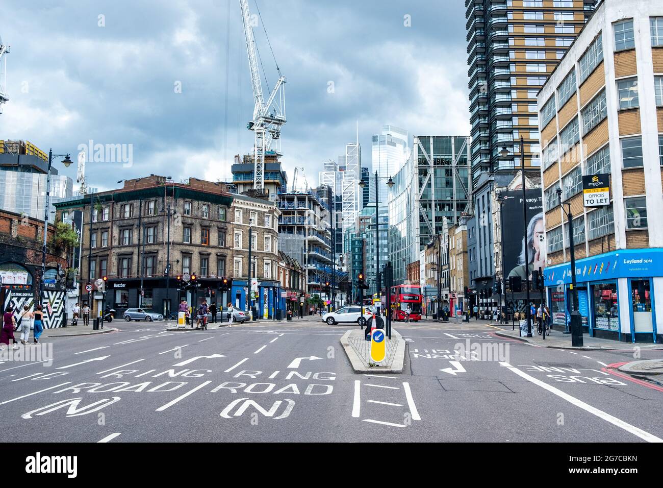 London- July, 2021: View of the City of London from Shoreditch high street Stock Photo