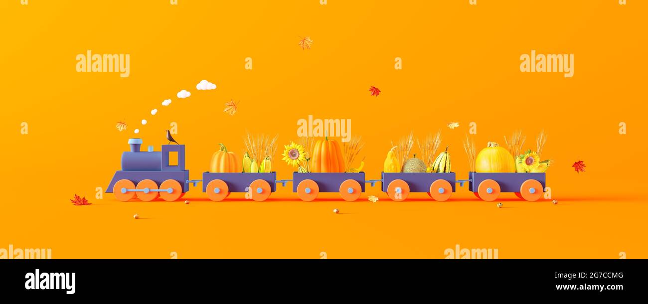 Blue train and wagons filled with pumpkins and fall decorations on orange background. Creative minimal autumn concept idea 3D Render 3D illustration Stock Photo