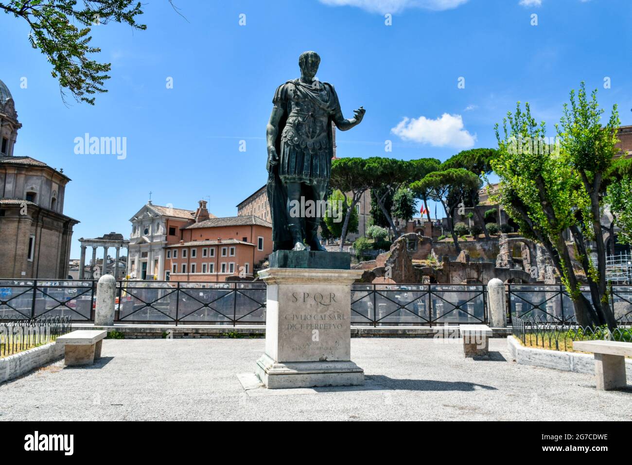 Bronze statue of the Roman emperor Julius Caesar in Via Dei Fori Imperiali in the center of Rome