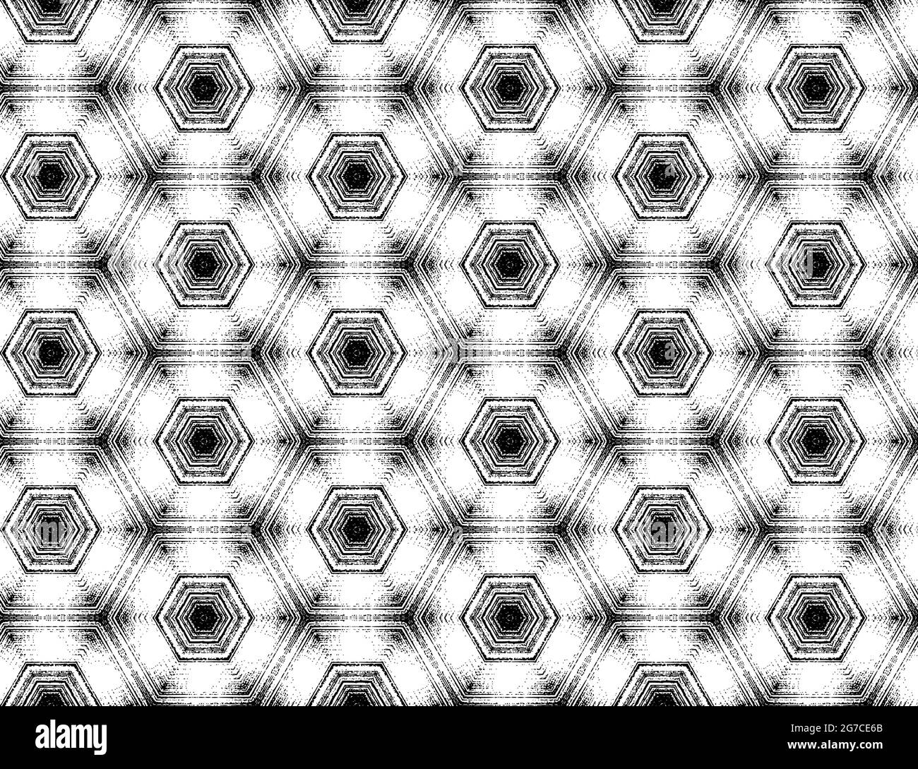 Seamless abstract black and white textured hexagon pattern with kaleidoscope effect. Vector ornament design element for poster, wallpaper, packaging, wrapping paper, cover, textile printing. Stock Vector