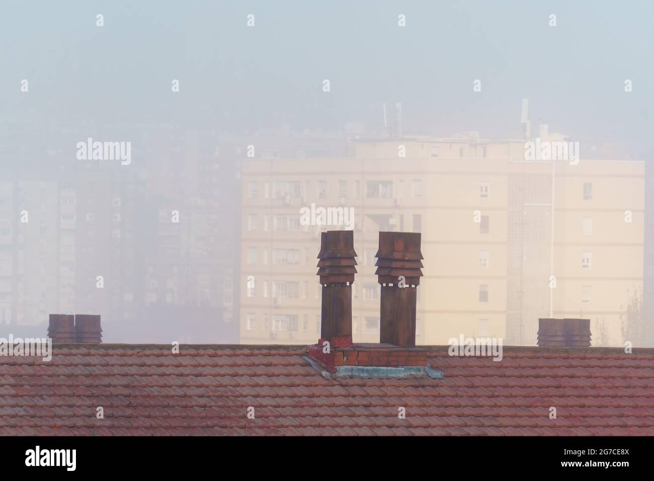 Industrial chimneys in the city of Madrid Stock Photo