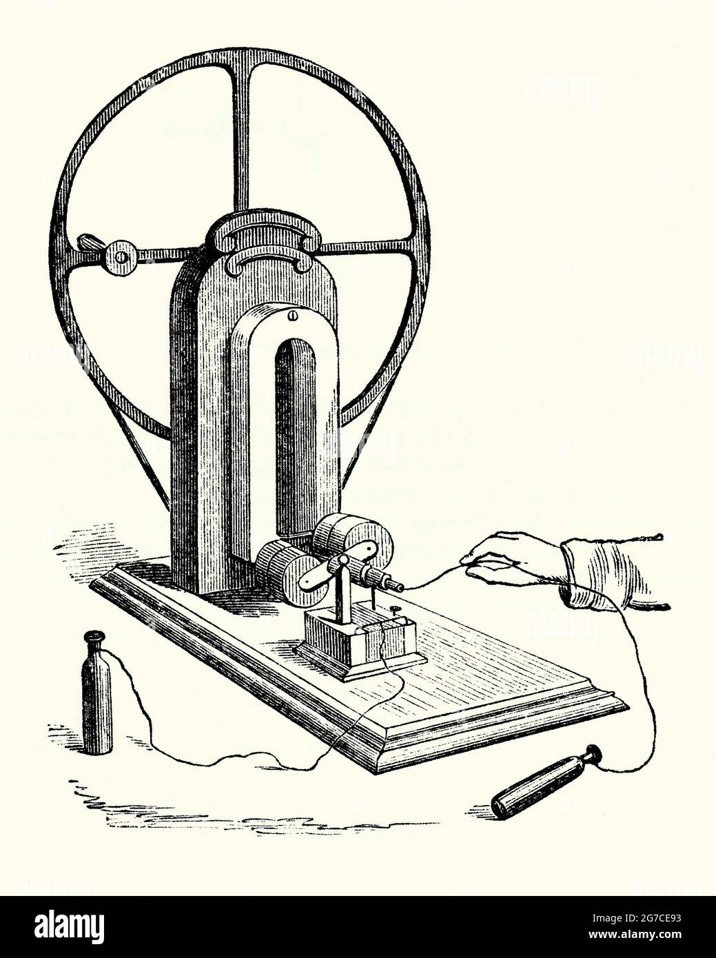 An old engraving showing Clarke’s magneto-electric machine. It is from a book of the 1890s on Victorian discoveries and inventions during the 1800s. A magneto is an electrical generator that uses magnets to produce alternating current. Here a powerful steel magnet is placed upright. When the rotating wheel (rear) is turned, two (induced) coils (centre) are rotated. The voltages induced in the coils generate currents. This small electric shock can be felt by someone picking up the two brass handles (foreground) – an early form of electrotherapy. It was invented by Edward Clarke in the 1830s. Stock Photo