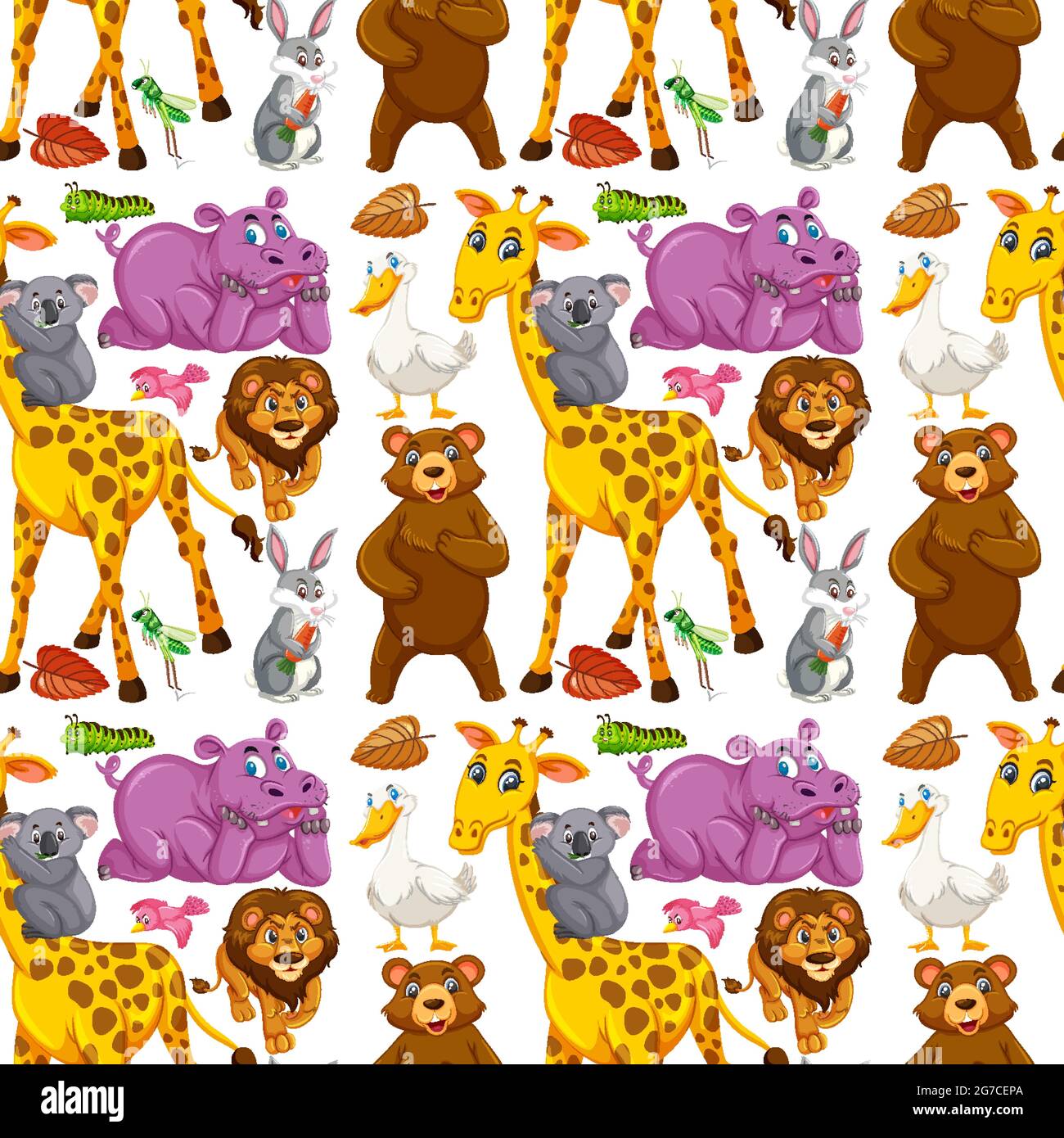 Seamless pattern with cute wild animals on white background illustration Stock Vector