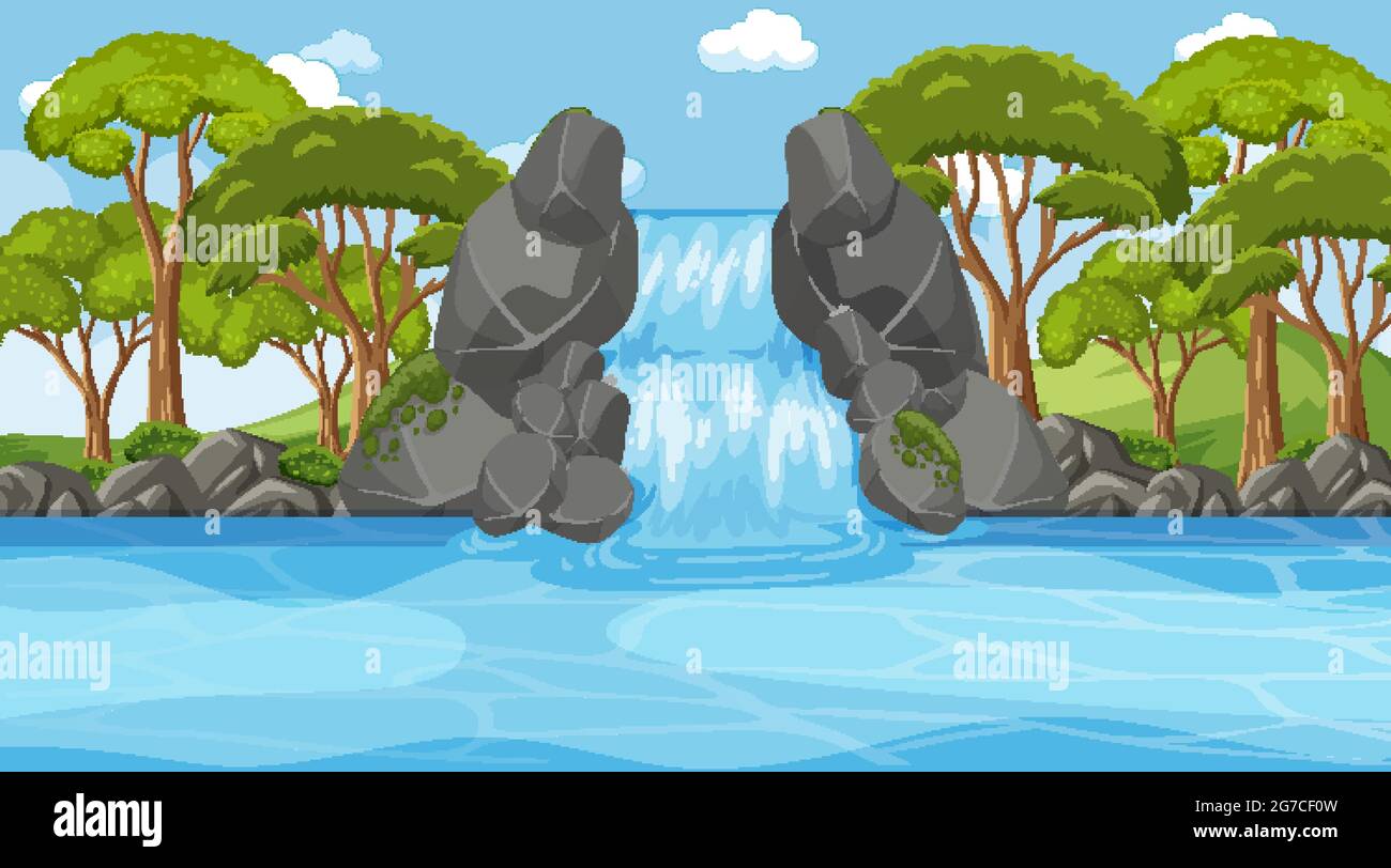 Background scene with waterfall and many trees illustration Stock ...