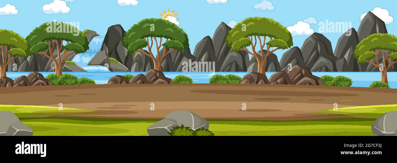 Panorama landscape scene with many trees in the forest illustration ...