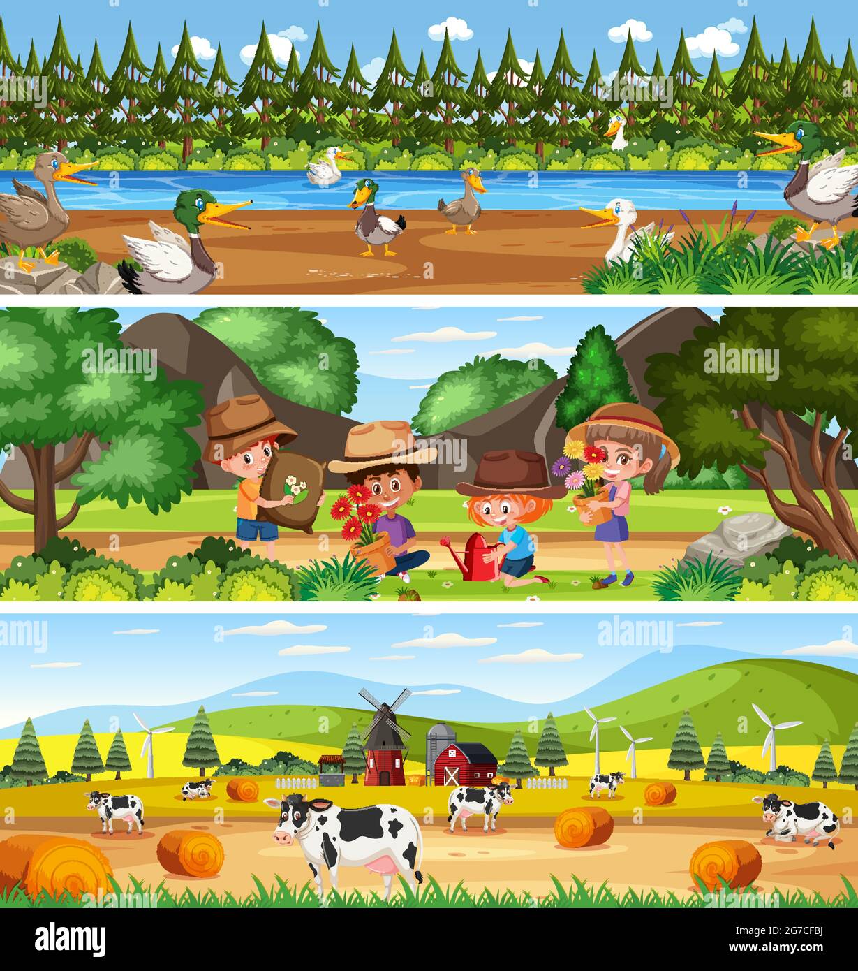 Outdoor panorama landscape scene set with cartoon character ...
