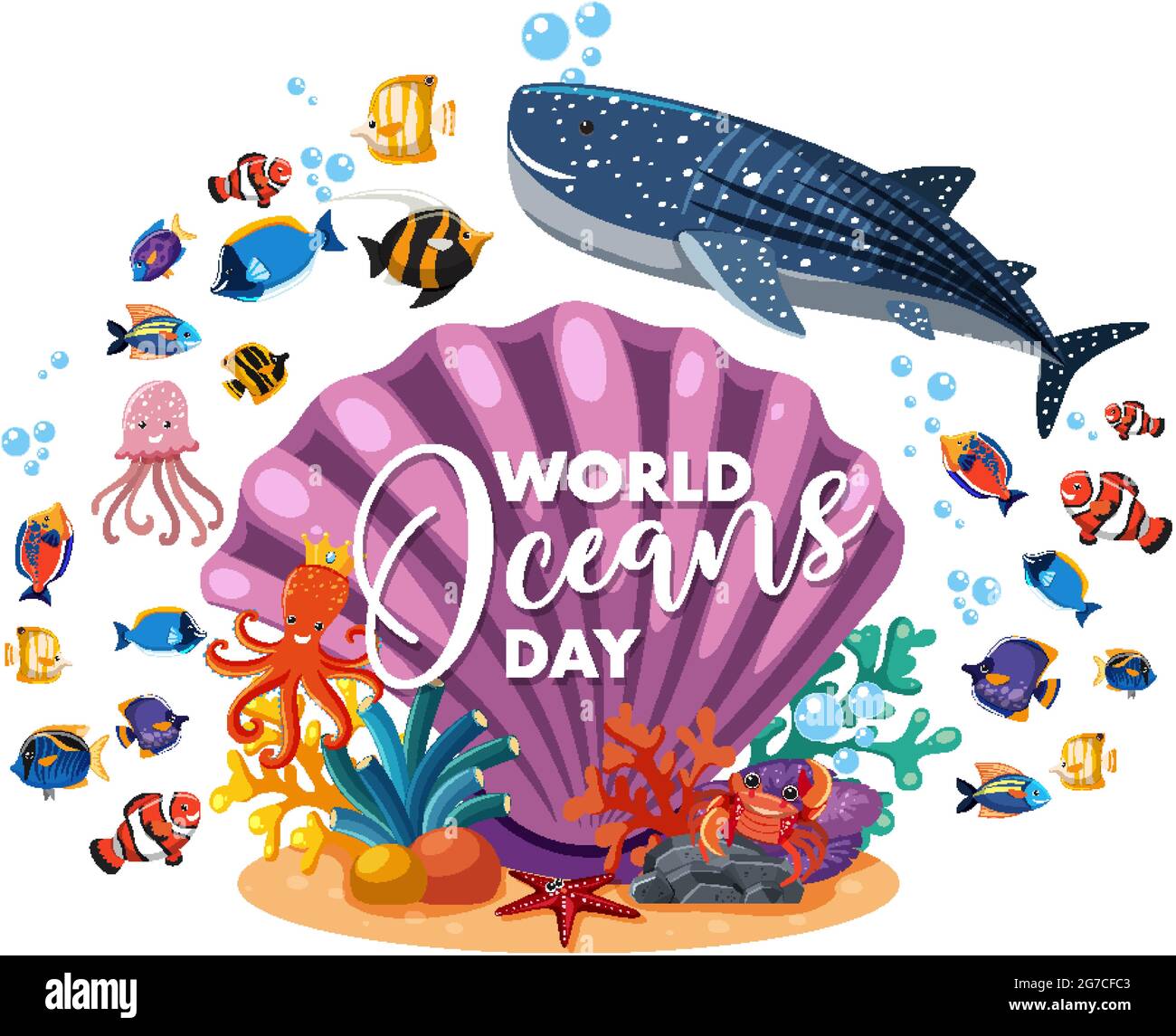 World Ocean Day banner with many different sea animals on white ...
