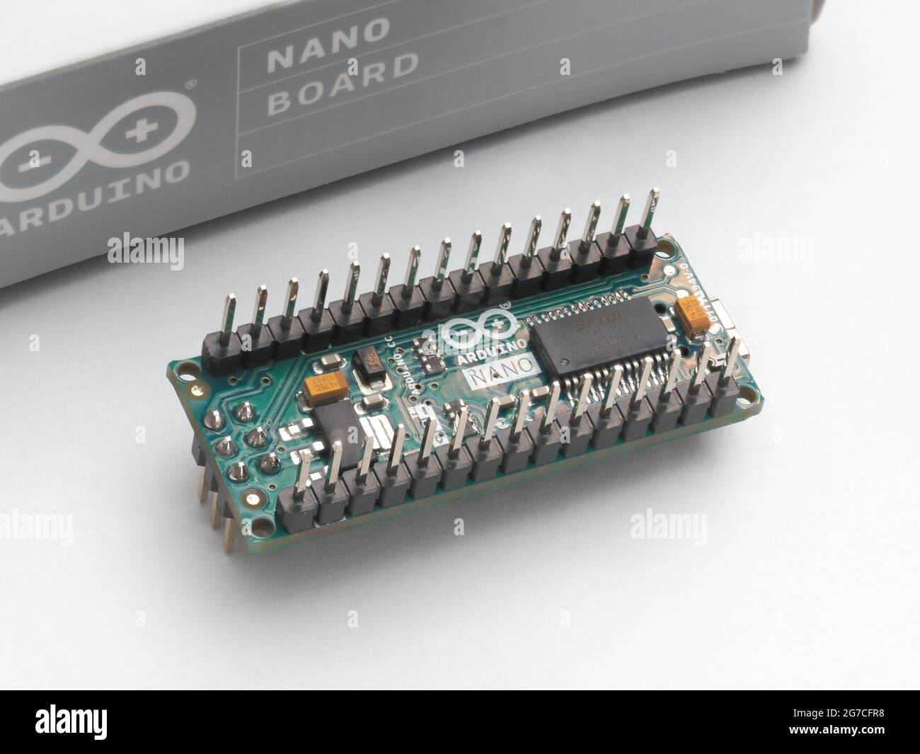 Galati, Romania - July 12, 2021: Original Arduino Nano board for the implementation of electronics and robotics projects. Isolated on white background Stock Photo