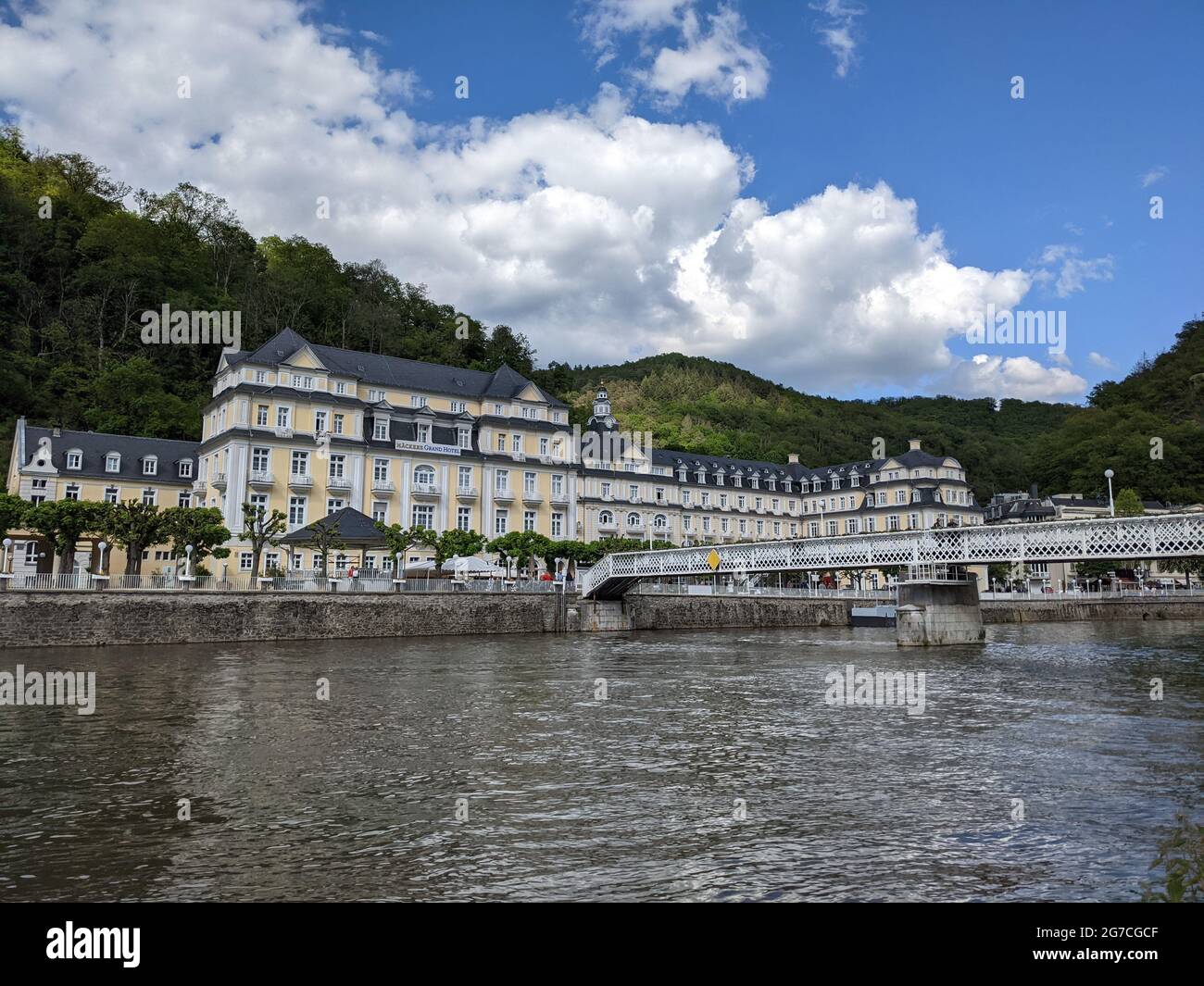 View over the river Lahn to the spectacular Kurhaus in Bad Ems, an emperor's  spa and wellness town in Rhineland Palatinate/Rheinland-Pfalz, Germany. Stock Photo