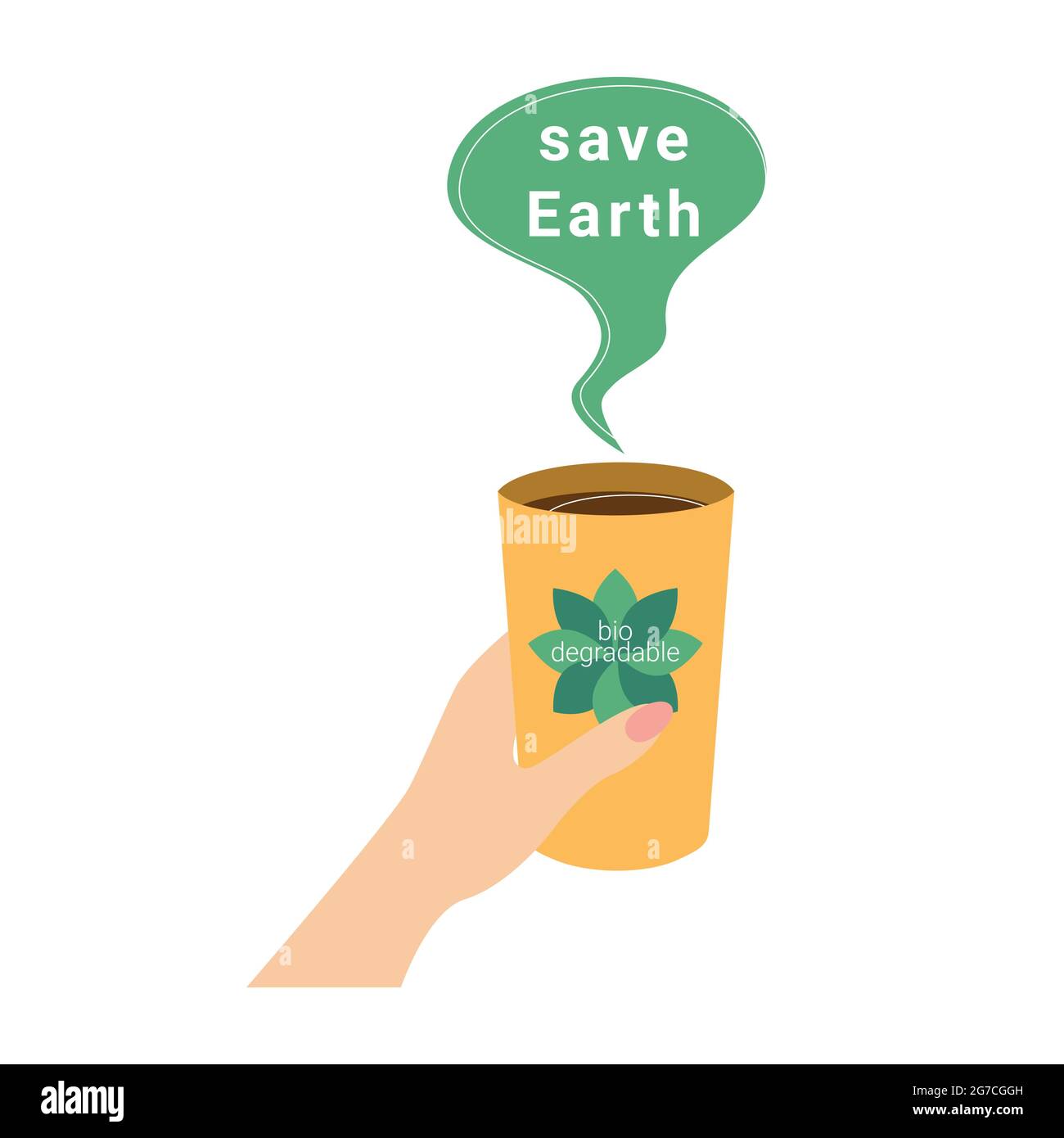 Biodegradable cup, coffee, tea, drink, hand holds, speech bubble with the inscription Save Earth. Isolated, on a white background. Vector illustration Stock Vector