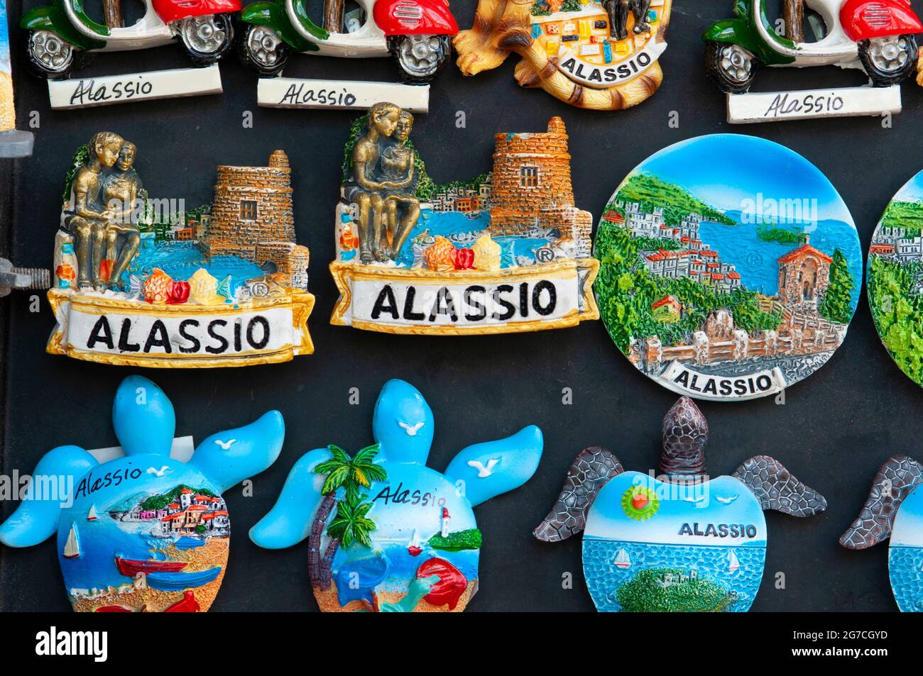 Italy, Liguria, Alassio, Tourist Fridge Magnets and Souvenirs on Sale Stock Photo