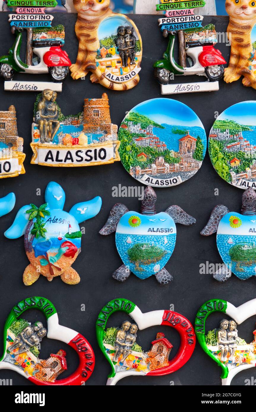 Italy, Liguria, Alassio, Tourist Fridge Magnets and Souvenirs on Sale Stock Photo