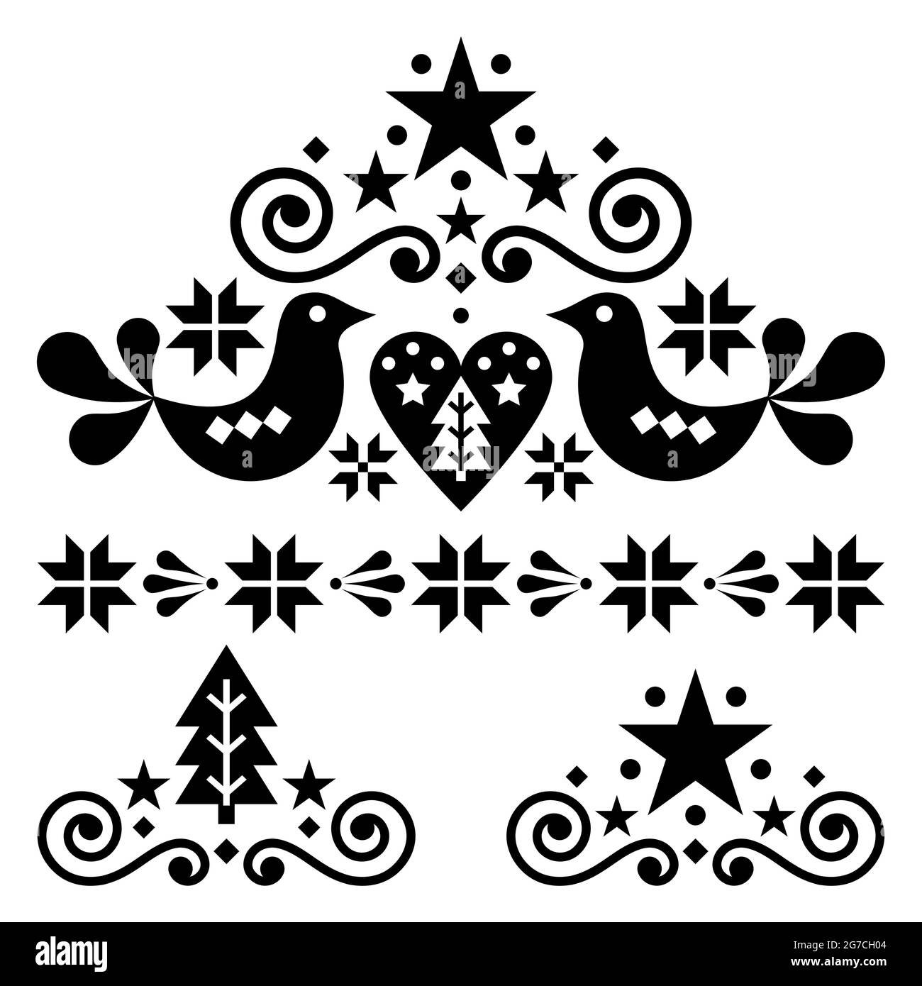 Xmas scandinavian folk art vector design set - Christmas single patterns collection, black cute floral ornament with birds, snowflakes and Christmas t Stock Vector