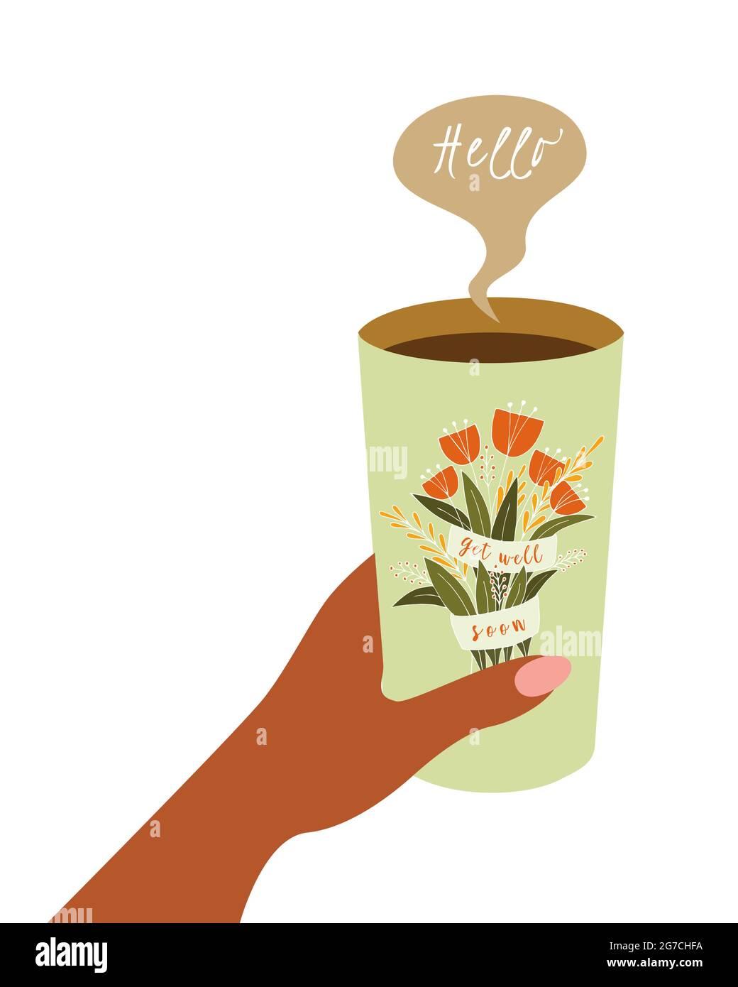 Glass of coffee, hand dark, skin black, hand-drawn flowers and the inscription Get well soon, speech bubble Hello. Postcard with a wish of health. Isolated, on a white background. Vector illustration Stock Vector